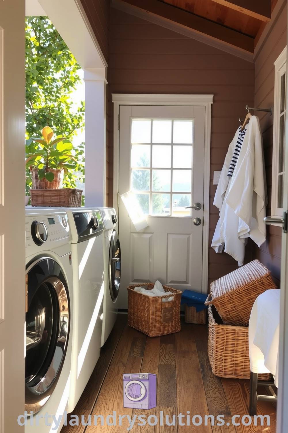 Serene back porch laundry area featuring weathered wooden floors, soft lighting, fresh linens, and natural fiber baskets for organization, creating a cozy atmosphere. Discover inspiring ideas for your home at dirtylaundrysolutions.com.