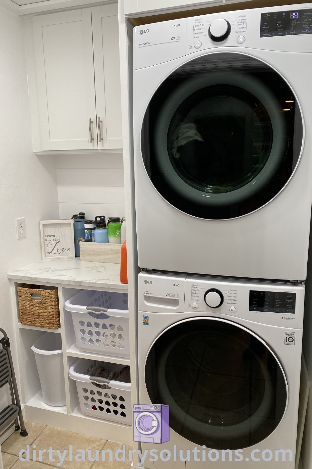 A stacked washer and dryer in a small laundry room with organized storage solutions, demonstrating cozy design ideas for small spaces and featuring functional elements. Discover laundry room inspirations and more at dirtylaundrysolutions.com.