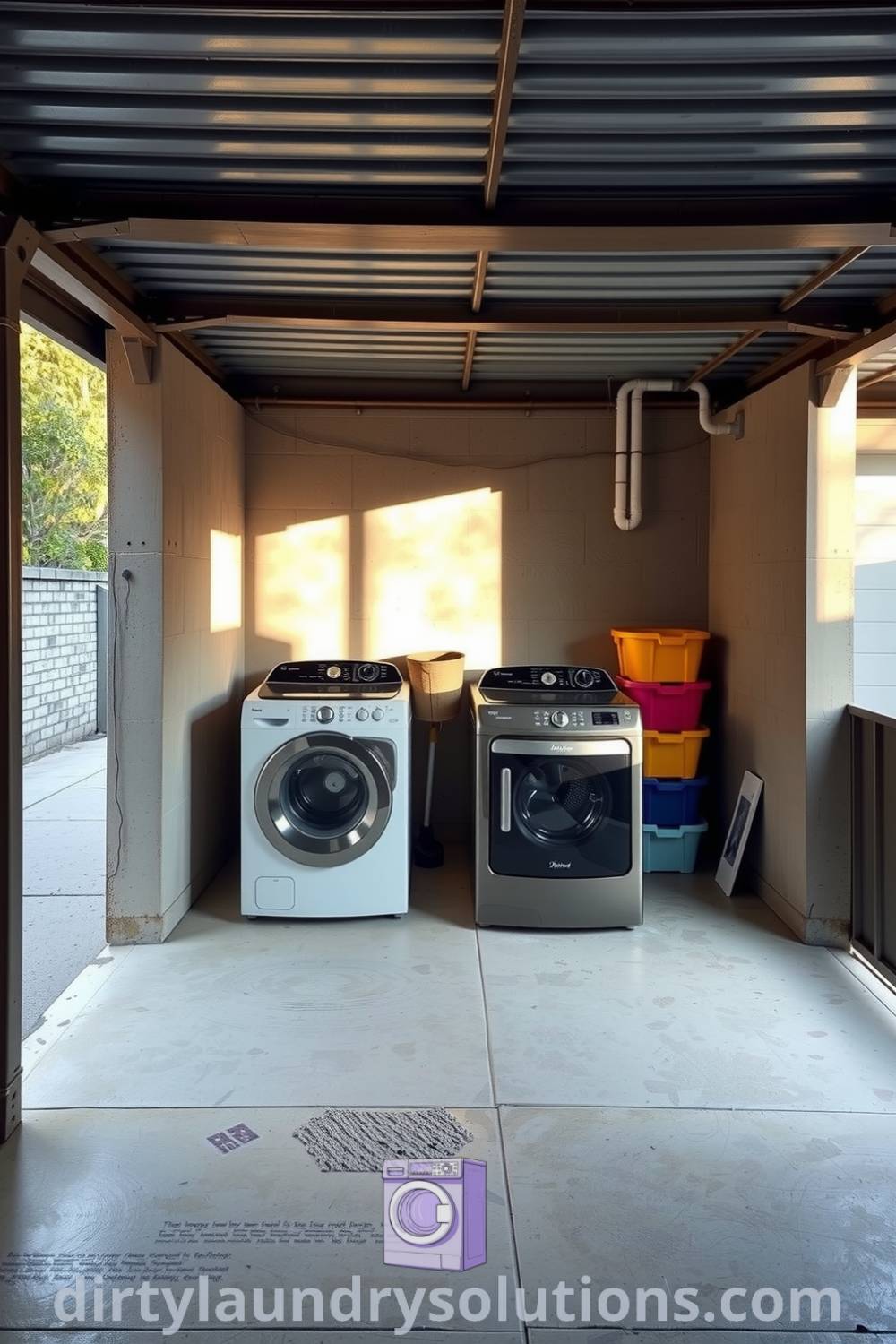 Cozy carport laundry area with concrete flooring, metal beams, and colorful sorting bins, creating an inviting and practical space. Discover more design ideas for your home at dirtylaundrysolutions.com.