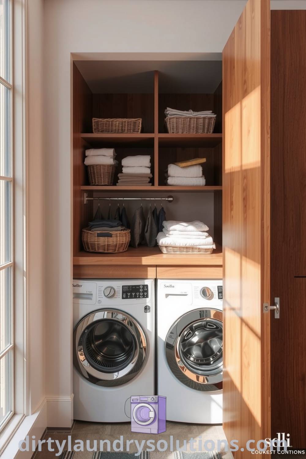 Cozy hidden laundry area featuring modern washer and dryer integrated into warm wood cabinetry, soft natural light, elegant decor with neatly stacked linens and woven baskets, creating an inspiring and organized space. Explore unique ideas for your home at dirtylaundrysolutions.com.