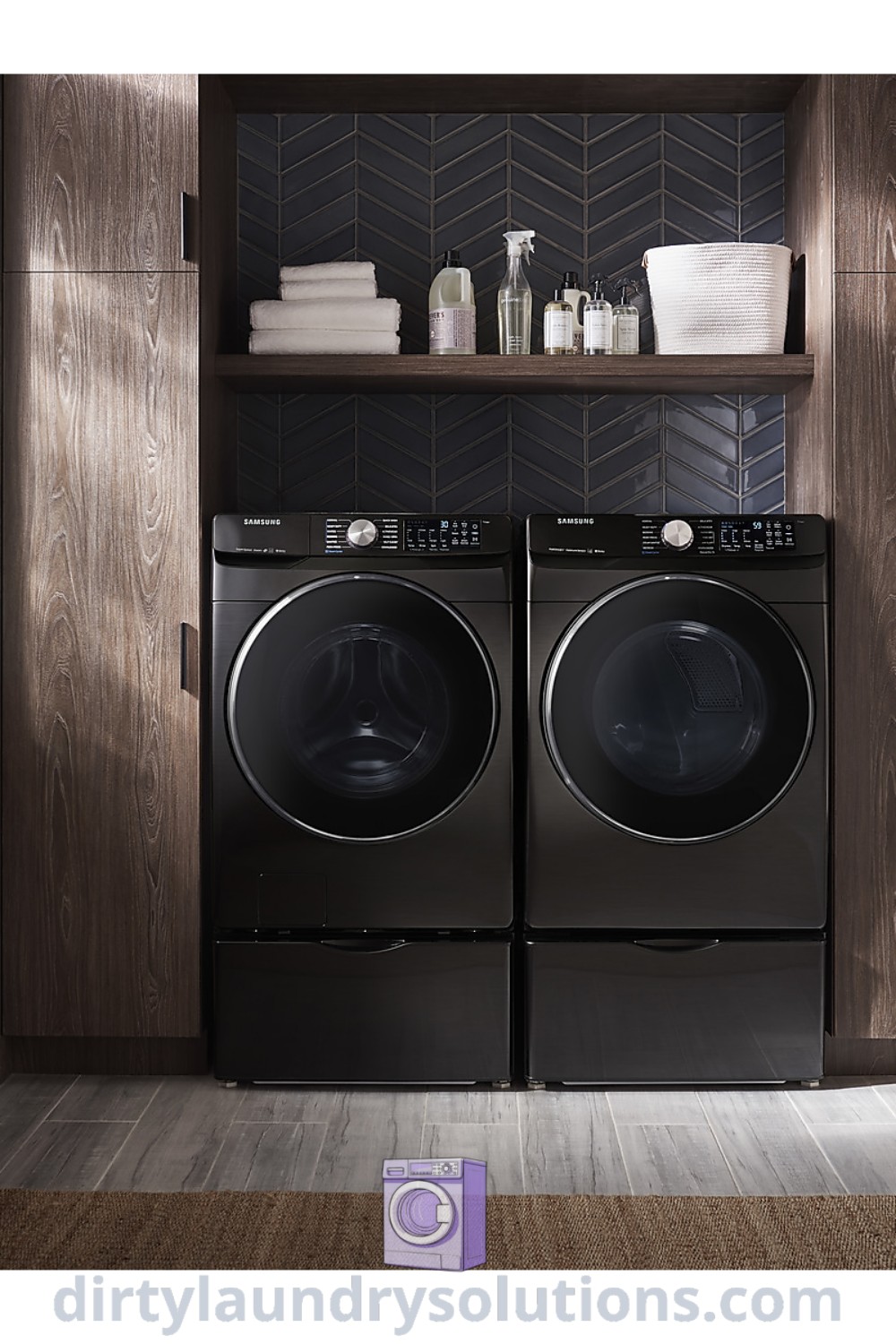 A cozy small laundry room showcasing a washer and dryer, designed for efficient organization and aesthetic appeal. Explore more cozy ideas and solutions for your laundry room at dirtylaundrysolutions.com.