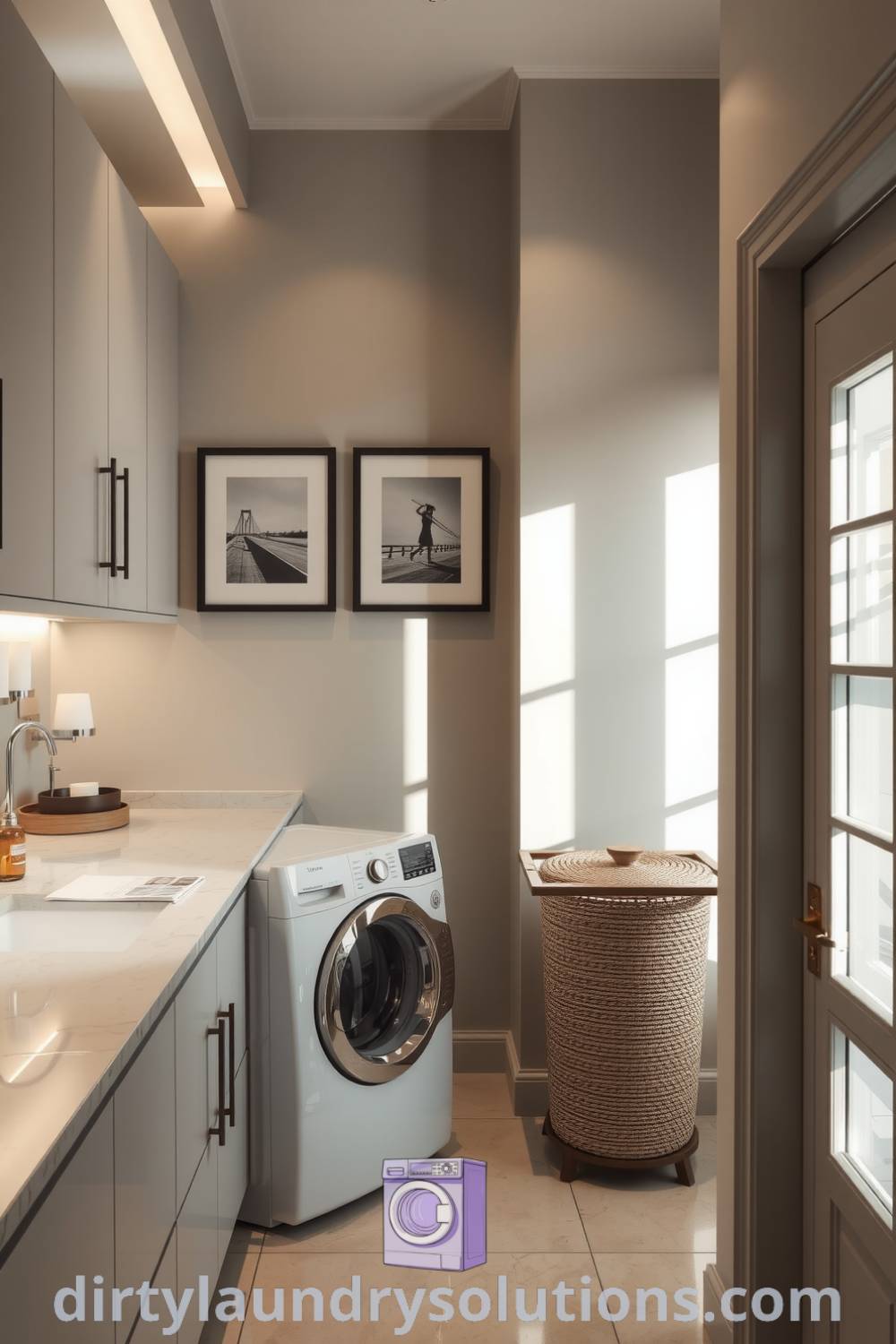 Elegant hallway laundry featuring polished marble countertops, sleek cabinetry, a woven laundry basket, and a stylish drying rack, showcasing organization ideas and inspirations for busy homes. Explore more unique ideas at dirtylaundrysolutions.com.