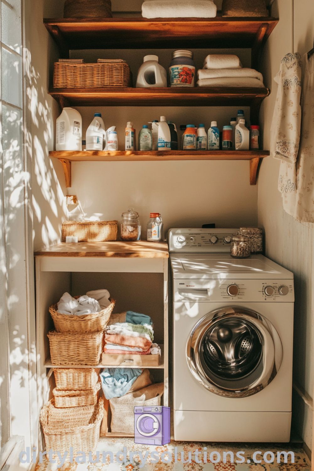Cozy laundry room with warm natural light, a simple washer and dryer, colorful open shelving with baskets, and soft-hued walls, creating a welcoming atmosphere ideal for productive laundry days. Explore more unique ideas for your home at dirtylaundrysolutions.com.