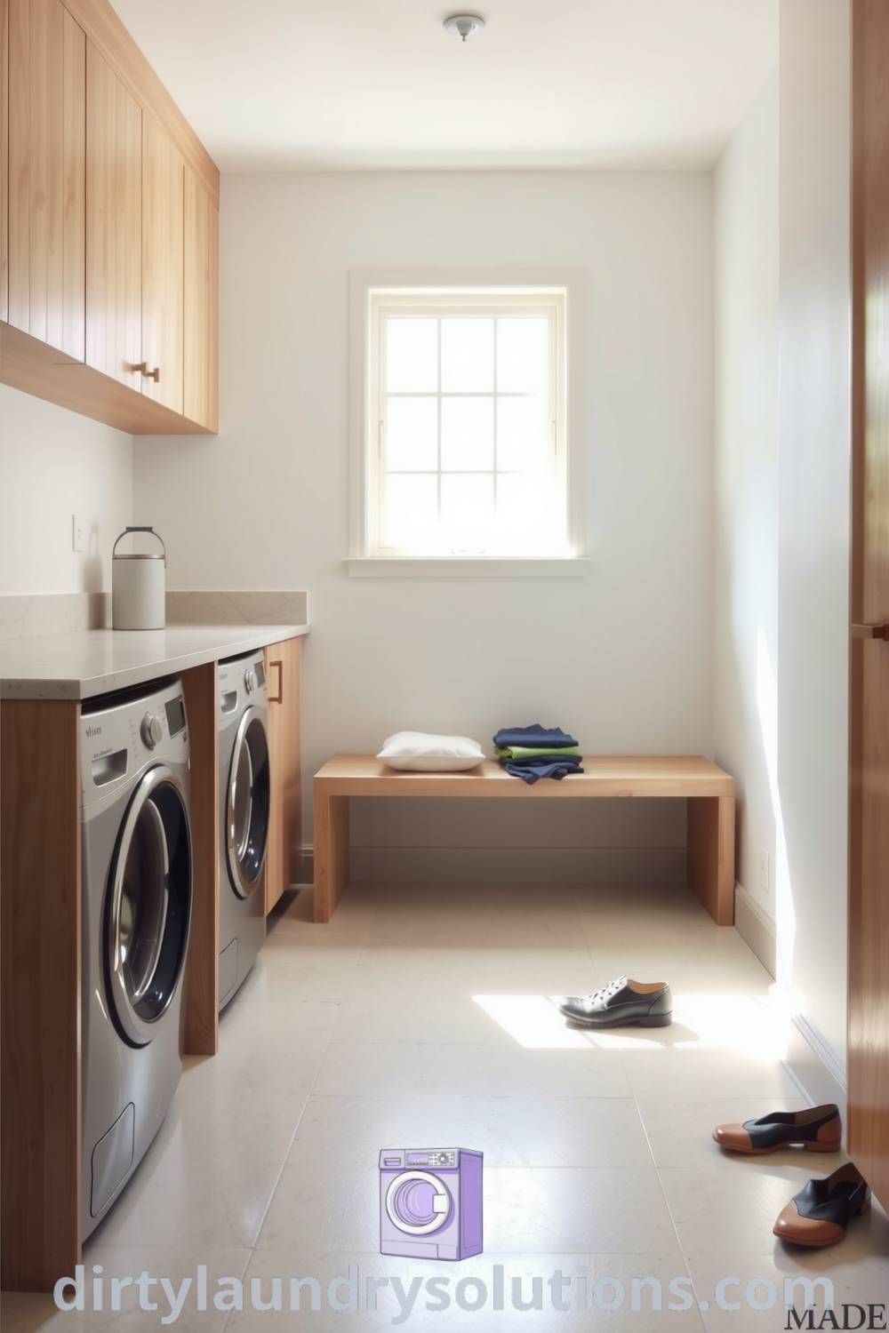 Minimalist mudroom laundry featuring stone countertops, light wood cabinetry, and a practical folding bench, with gentle sunlight casting shadows and scattered shoes adding daily life. Explore inspiring design ideas at dirtylaundrysolutions.com.
