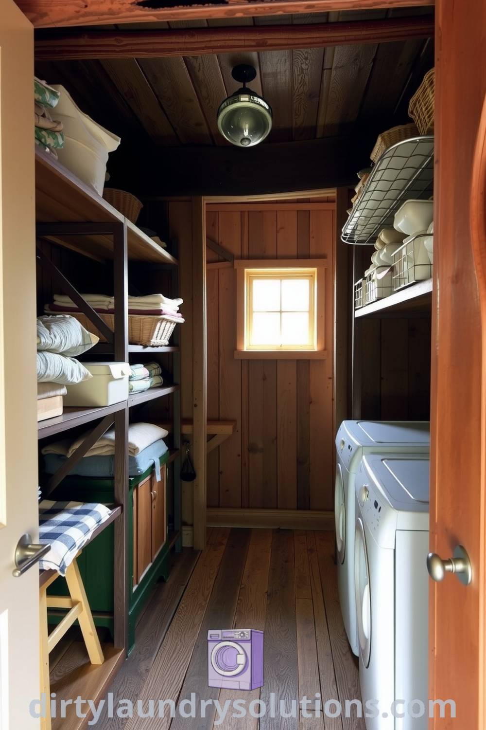 Cozy laundry room featuring rustic wooden beams, vintage storage shelves, and soft lighting, creating an inviting atmosphere. Discover inspiring design ideas for small spaces and organization solutions at dirtylaundrysolutions.com.