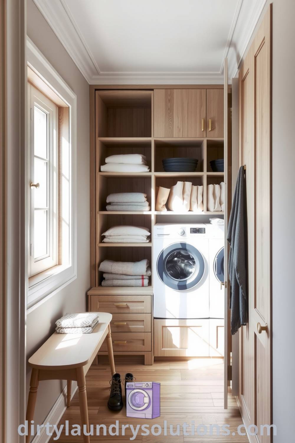 Scandinavian hallway laundry featuring pale wood cabinetry, neatly folded linens on shelves, and a minimalist bench, creating a serene and practical atmosphere. Discover inspiring ideas for small spaces at dirtylaundrysolutions.com.