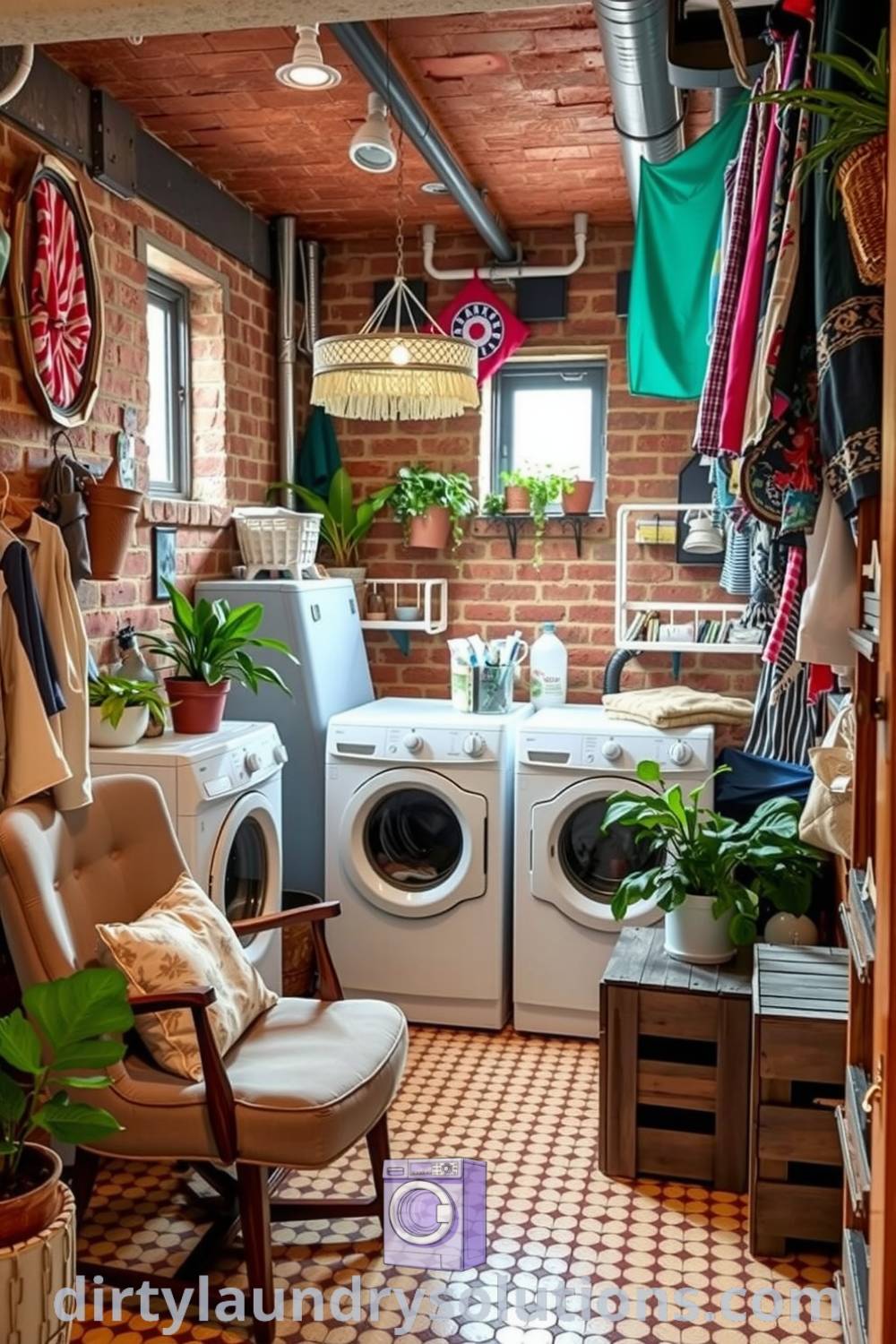 Bohemian basement laundry with exposed brick walls, colorful fabrics, vintage washing machines, cozy armchair, and potted plants, creating an inviting atmosphere filled with charm. Discover more cozy ideas for your home at dirtylaundrysolutions.com.