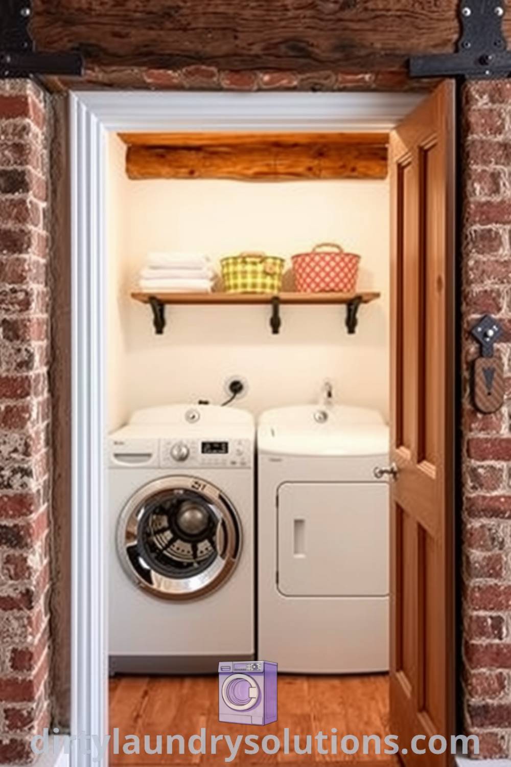 Cozy hidden laundry nook with exposed brick walls, vintage wooden beams, and warm lighting, showcasing organizational ideas with neatly folded linens and colorful baskets. Discover inspiring ideas for small spaces at dirtylaundrysolutions.com.