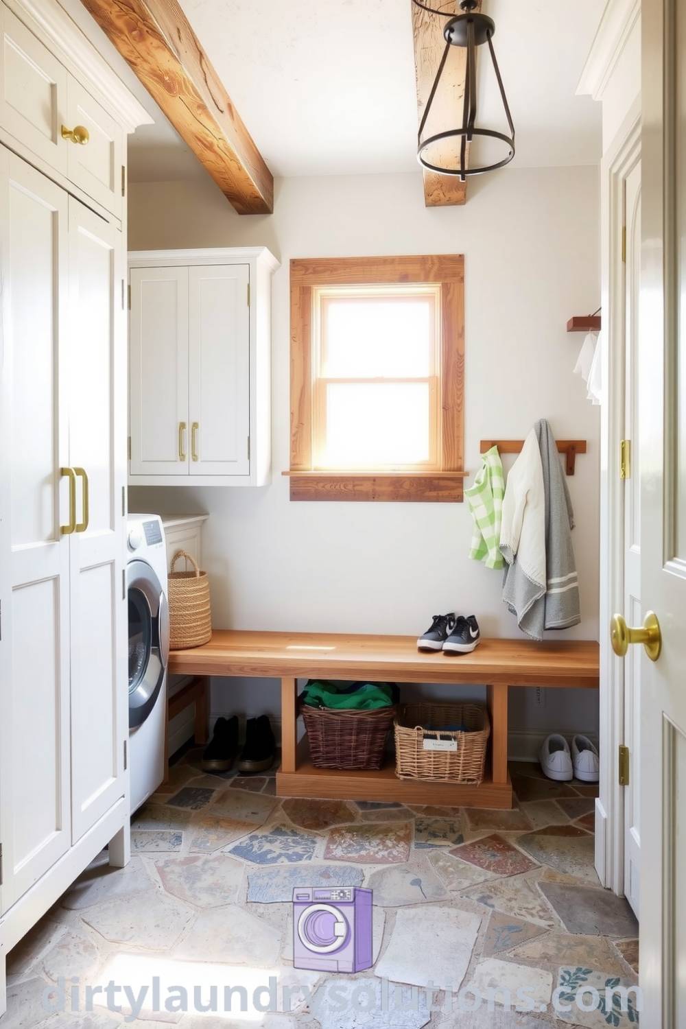 Cozy farmhouse mudroom laundry featuring rustic beams, aged cabinetry, a wooden bench, and organized baskets that create an inviting atmosphere. Get inspired with unique ideas for your home at dirtylaundrysolutions.com.