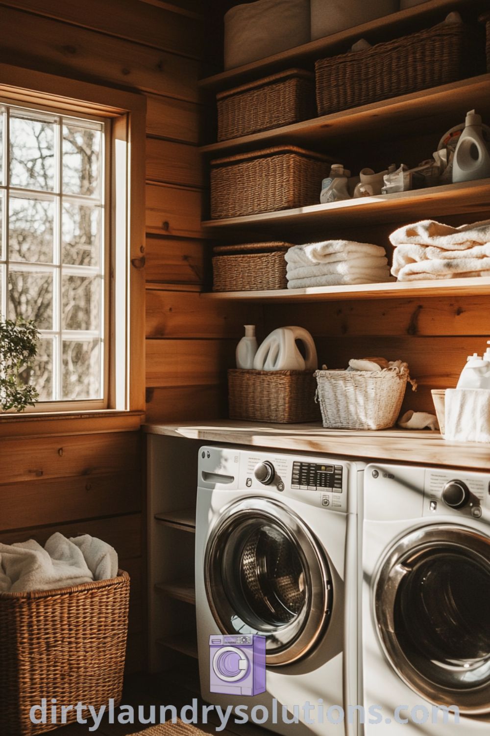 Cozy laundry room with built-in shelving, sunlight streaming through a window, and organized baskets, creating a warm and inviting atmosphere. Discover inspiring design ideas for your home at dirtylaundrysolutions.com.