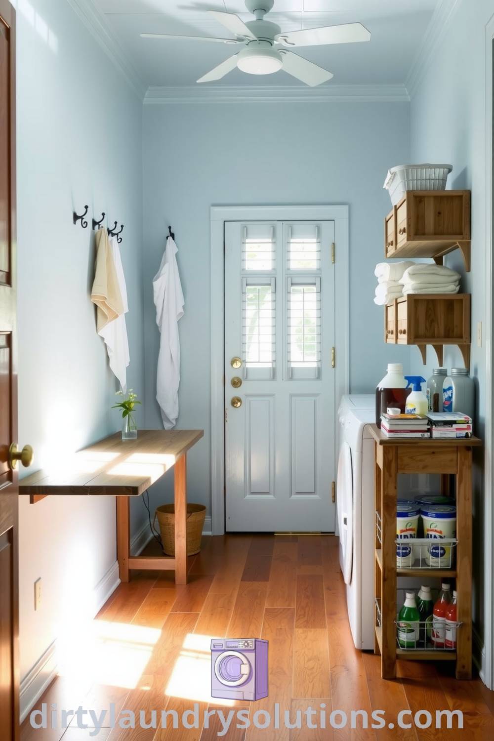 Cozy hallway laundry featuring pale blue walls, vintage hooks, a weathered wooden folding table, warm hardwood floors, and sunlight filtering through a window, creating an inviting atmosphere perfect for organization. Discover more cozy ideas for your home at dirtylaundrysolutions.com.