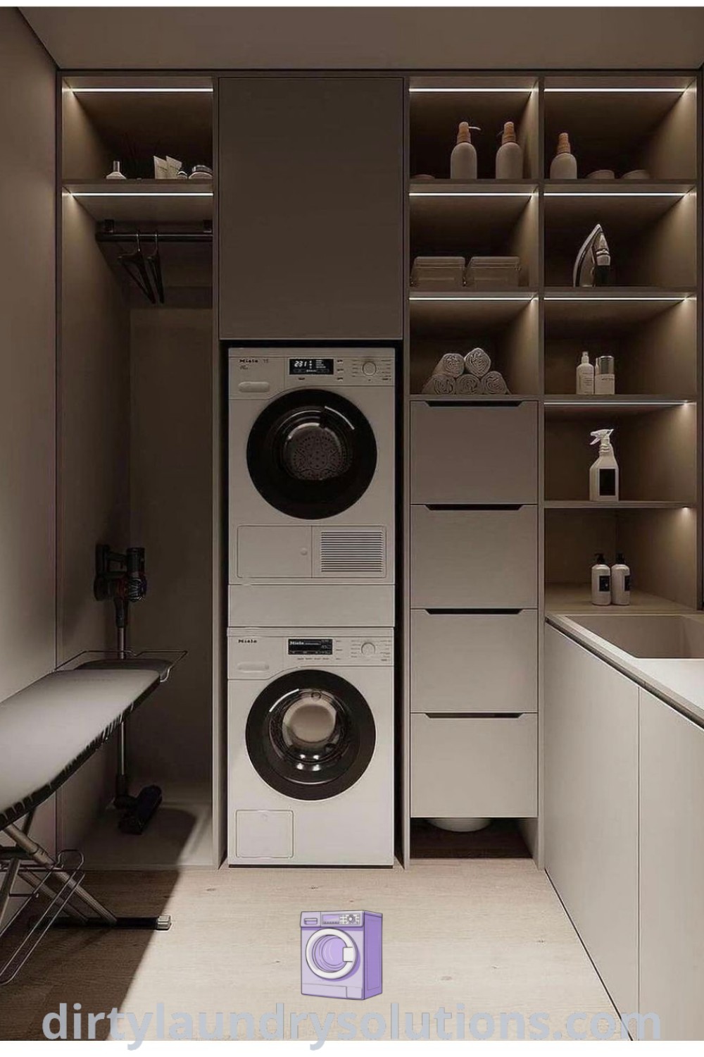 A modern laundry room featuring a washer and dryer in a small space with shelves for organization, showcasing transitional decor and design ideas. Explore cozy home solutions and inspiring ideas for small spaces at dirtylaundrysolutions.com.