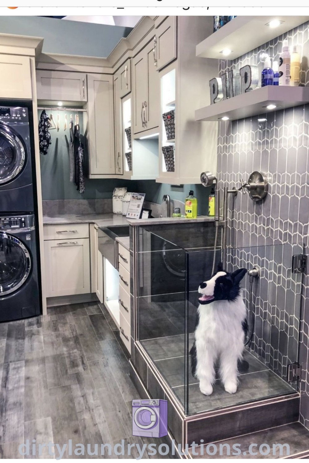 A dog sitting in the glass door of a washer and dryer combo in a cozy laundry room, showcasing unique laundry remodel ideas and features a wash station for pets. Discover more laundry and dog-friendly design ideas at dirtylaundrysolutions.com.