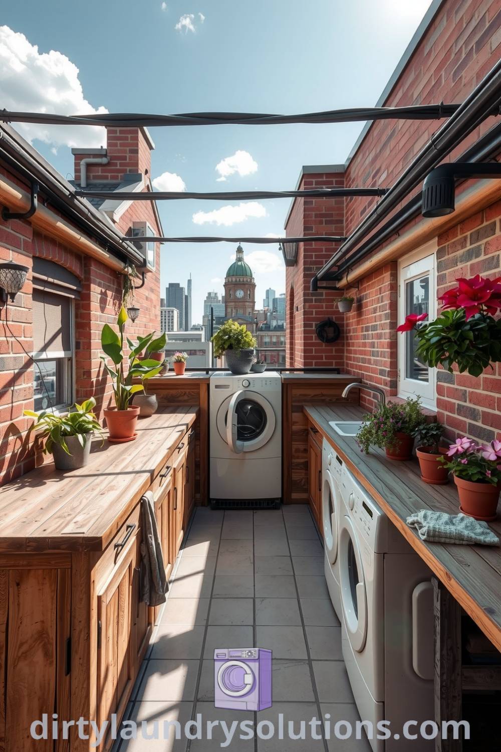 Cozy rooftop laundry area with weathered wooden countertops, vibrant potted plants, and soft sunlight creating a relaxing atmosphere, perfect for small spaces and organization ideas. Find more inspiring ideas for your home at dirtylaundrysolutions.com.