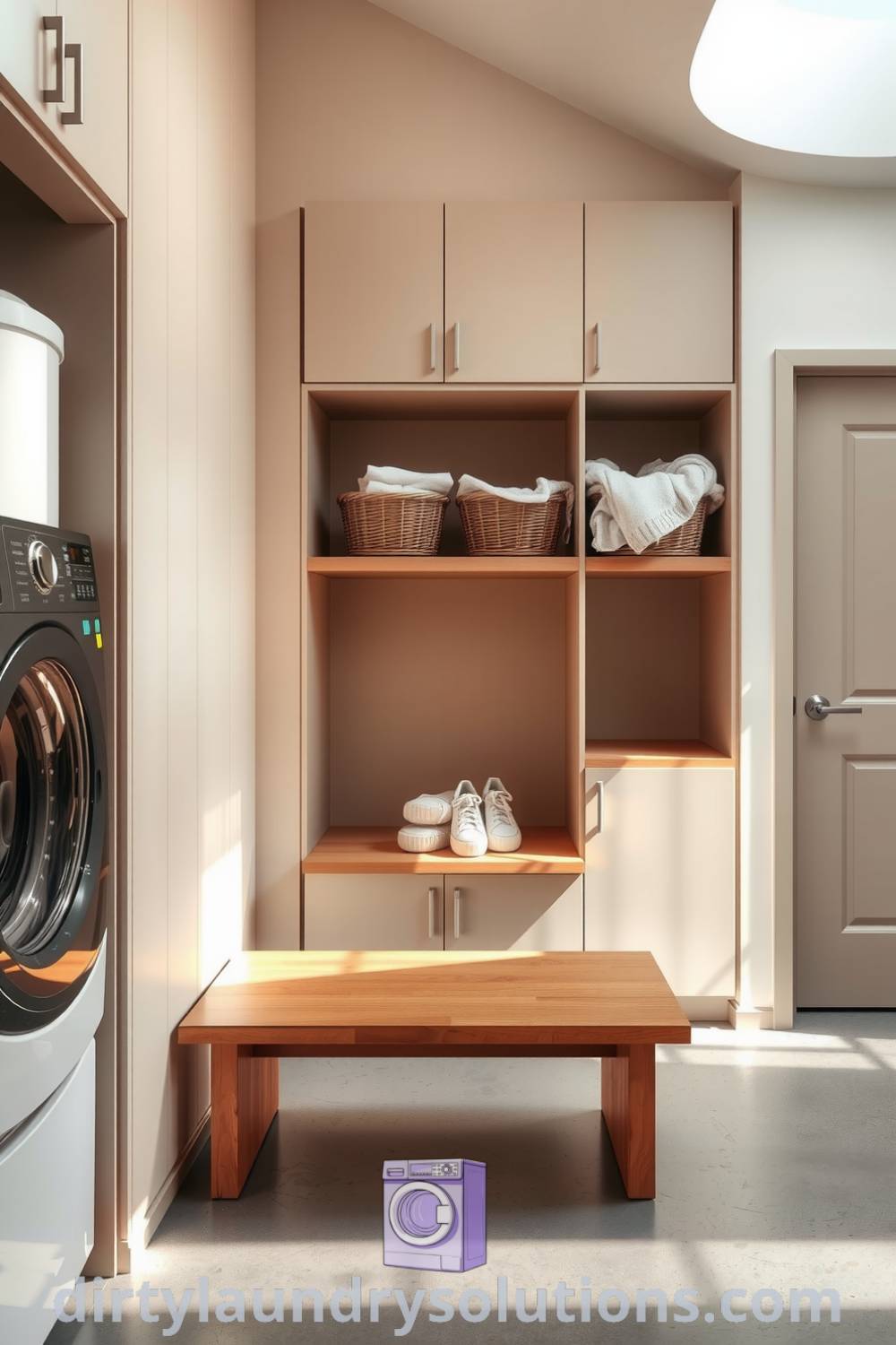 Minimalist mudroom laundry with sleek cabinetry, concrete floor, wooden bench, and natural light, showcasing a serene and organized space. Explore cozy ideas for your home at dirtylaundrysolutions.com.