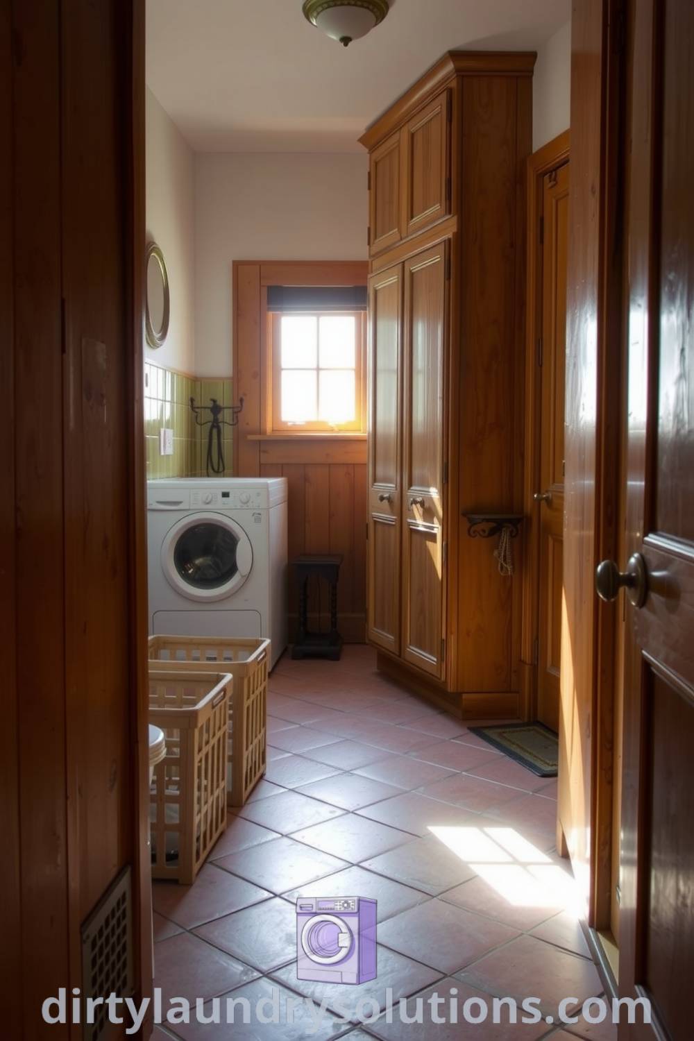 Cozy hallway laundry with warm wooden cabinetry, natural light, neatly arranged laundry baskets, and a vintage coat rack, creating an inviting and functional space. Discover inspiring ideas for small spaces at dirtylaundrysolutions.com.
