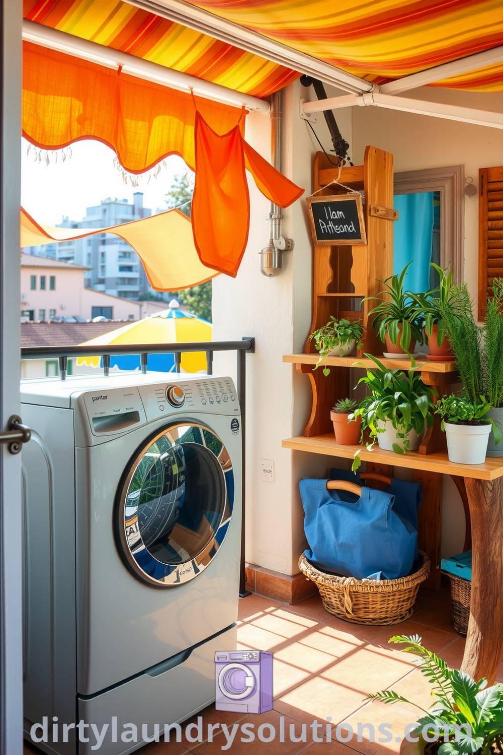 A vibrant balcony laundry area with a weathered metal washer and dryer, colorful fabrics fluttering in the breeze, and a rustic wooden shelf filled with potted herbs, creating a cozy atmosphere perfect for small spaces. Discover unique ideas and inspirations for your home at dirtylaundrysolutions.com.