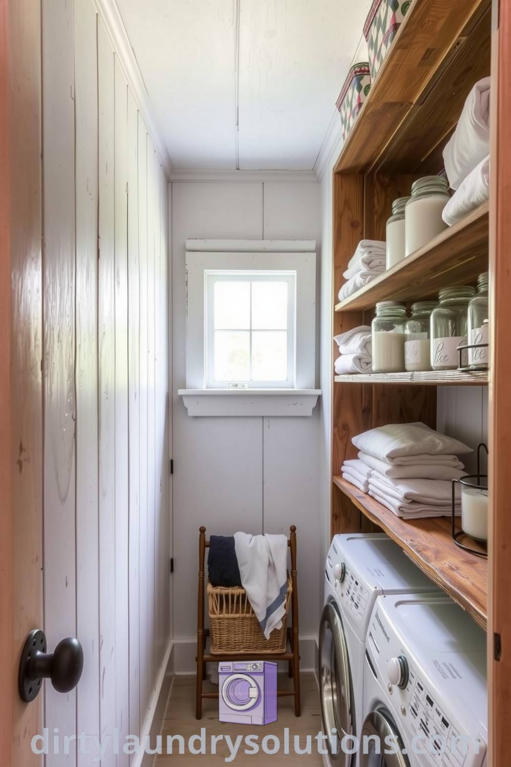Charming hidden laundry room with rustic wooden shelves, neatly folded linens, vintage jars, and weathered whitewashed walls, creating a warm and inviting atmosphere. Discover more cozy ideas for your home at dirtylaundrysolutions.com.