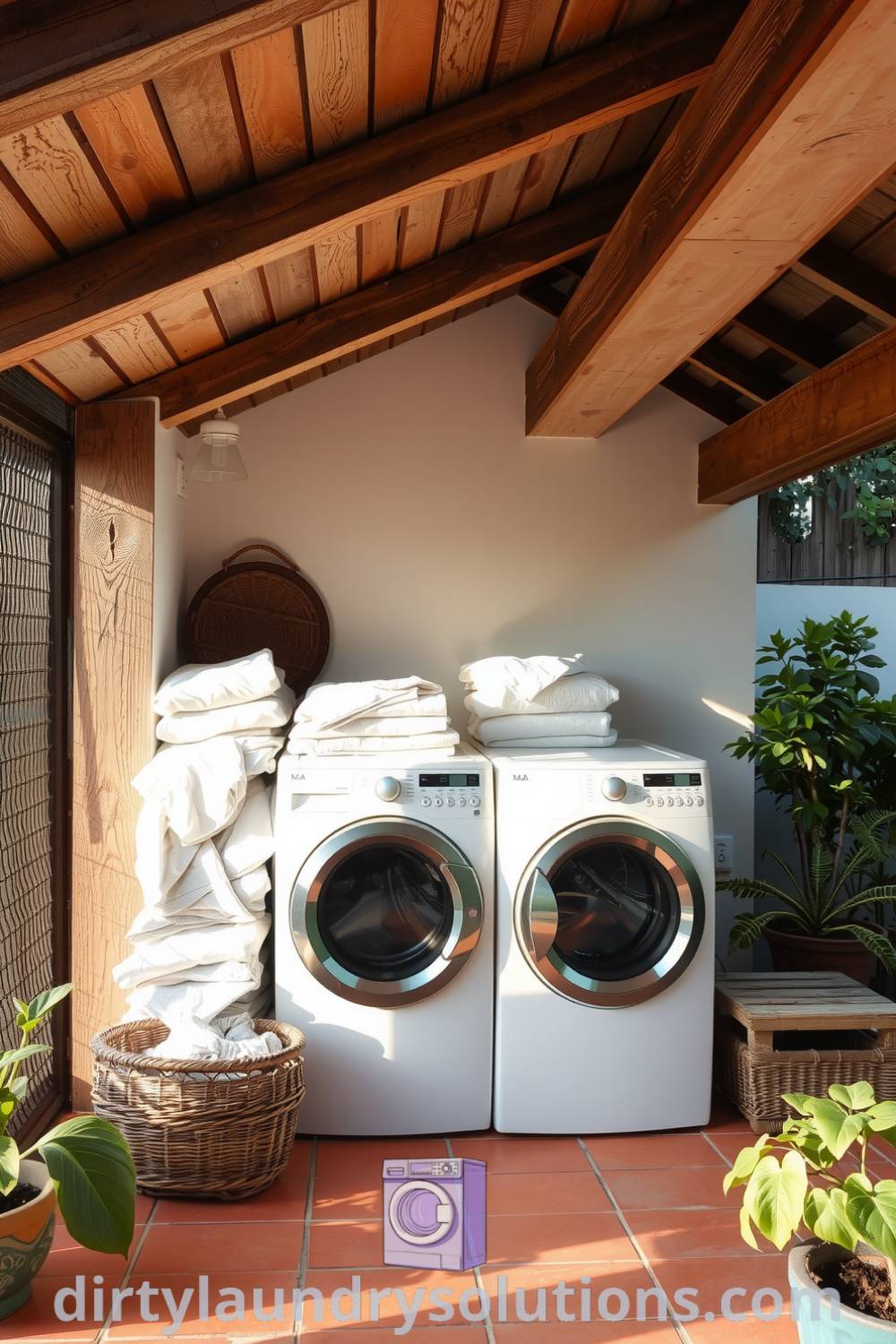 Cozy patio laundry space with weathered wooden beams, terracotta tiles, potted plants, and freshly folded linens, offering a blend of practicality and inviting aesthetics. Discover inspiring ideas for your home at dirtylaundrysolutions.com.