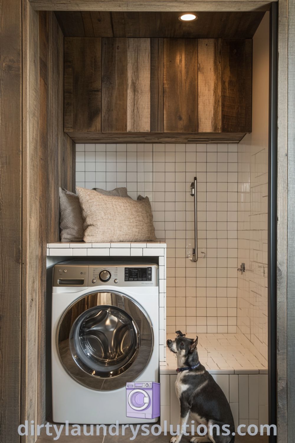 Laundry area with robust washer and dryer units, weathered wood cabinetry, playful pet shower, and soft lighting, creating an inviting and functional space. Discover unique ideas for your home at dirtylaundrysolutions.com.