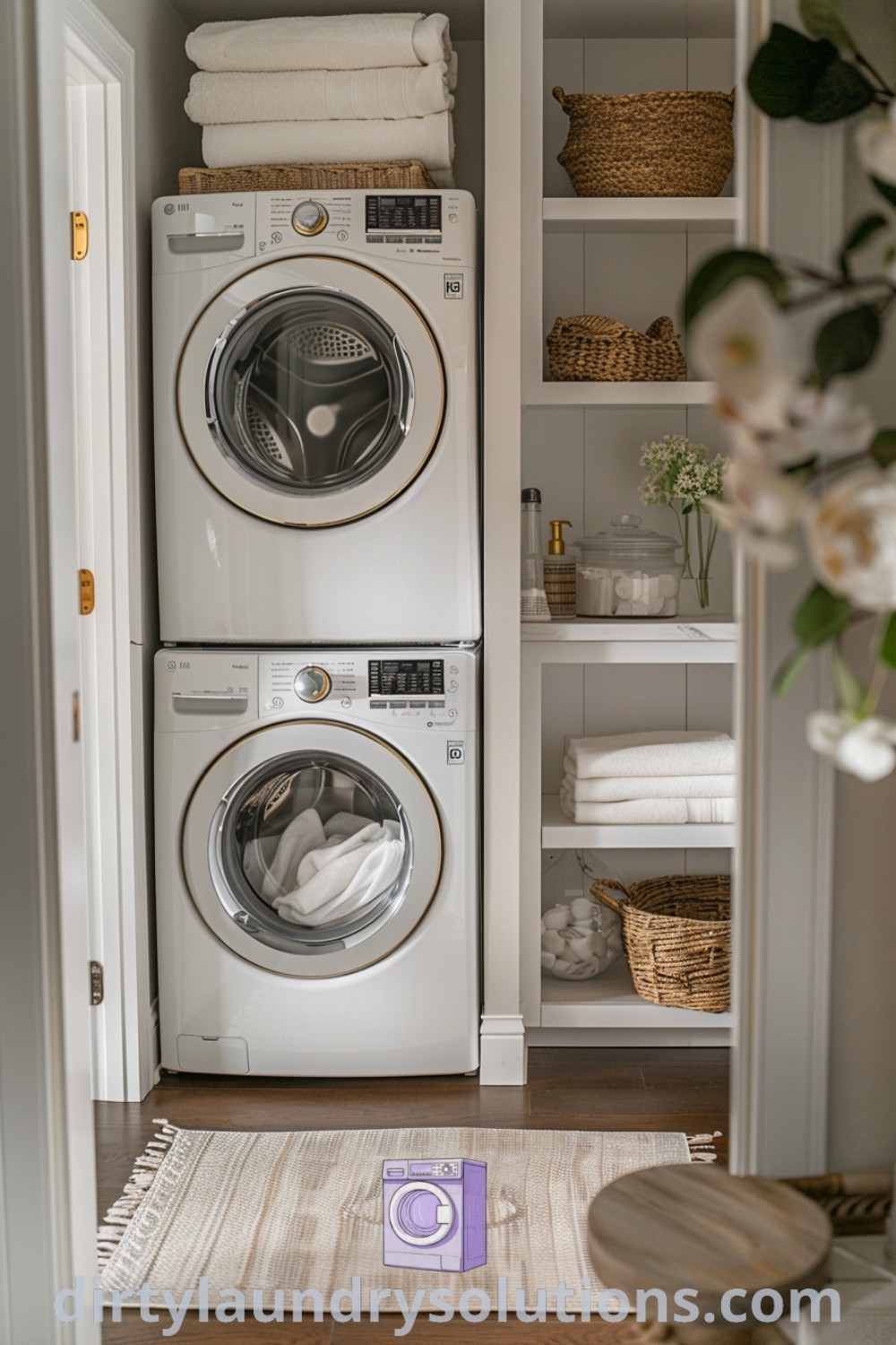 A cozy laundry room with a washer and dryer and open shelving, exemplifying minimalism and functionality. Explore more unique ideas for small spaces and laundry room layouts at dirtylaundrysolutions.com.