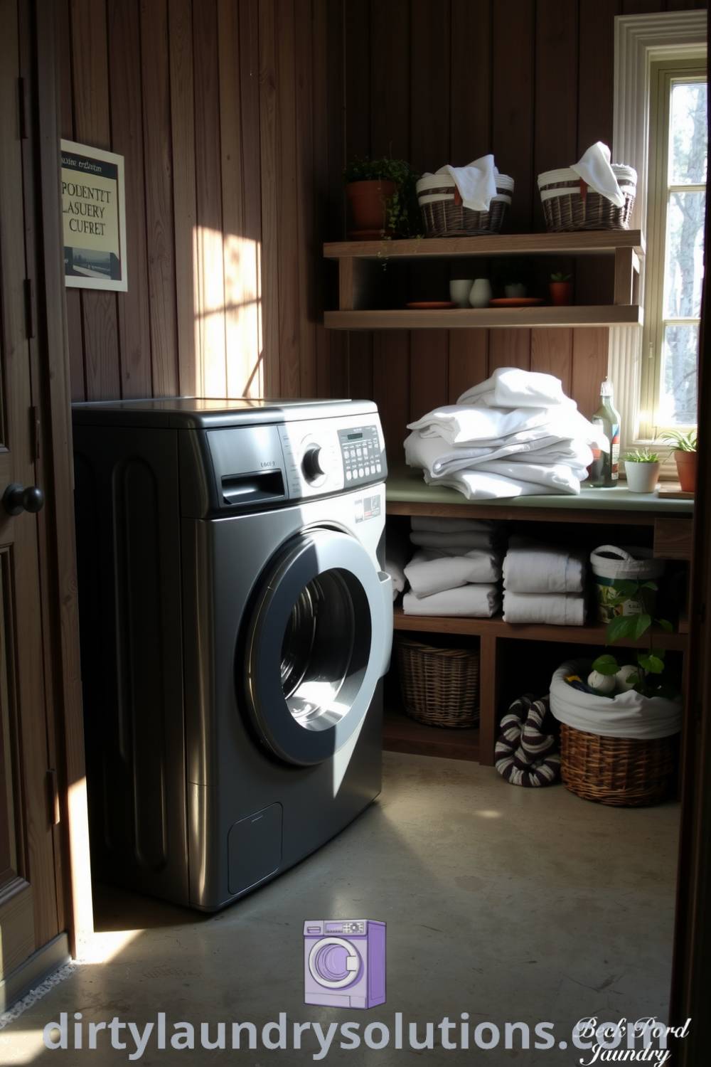 Cozy back porch laundry with a sturdy metal washer and dryer, weathered wood paneling, soft sunlight, neatly arranged linen baskets, and potted plants, creating a charming and functional space. Explore more cozy ideas for your home at dirtylaundrysolutions.com.