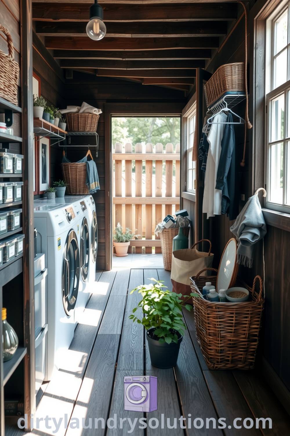 Cozy back porch laundry featuring weathered wood, sunlight streaming through an open door, potted herbs, metal hangers, and wicker baskets, creating an inviting and organized space. Discover more inspiring ideas for your home at dirtylaundrysolutions.com.