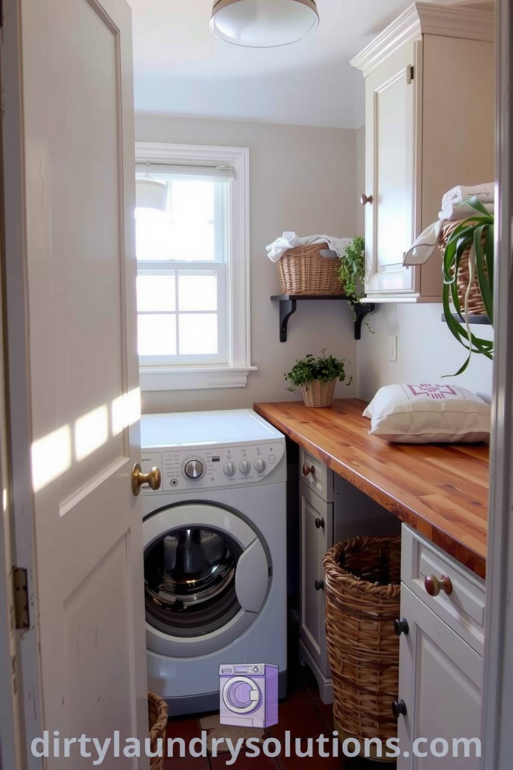 Cozy laundry room with soft light, painted cabinets, worn wood countertop, and decoration ideas including baskets and hanging plants for an inviting atmosphere. Find unique cozy ideas for your home at dirtylaundrysolutions.com.