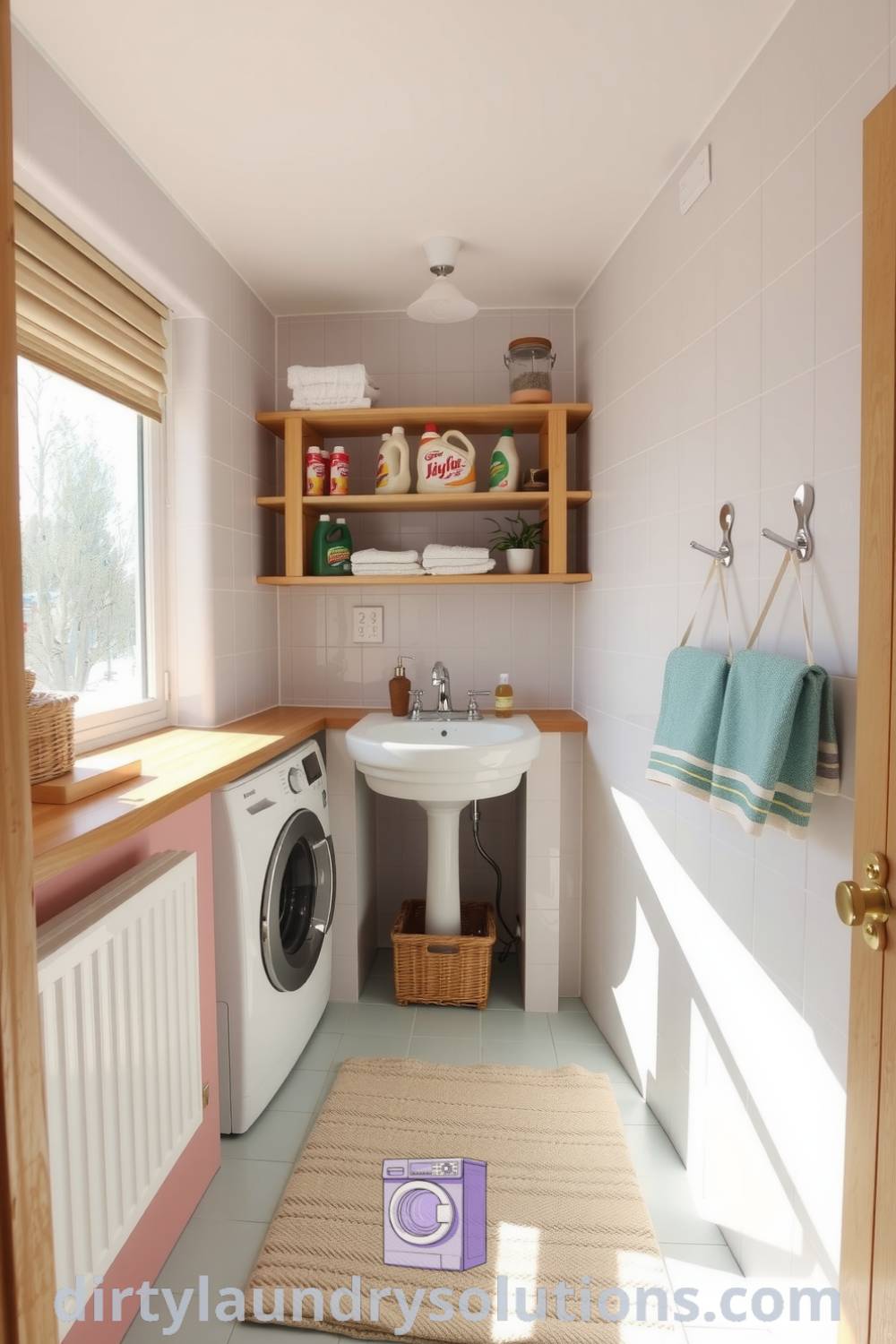 Cozy bathroom laundry with pale tiles, warm wooden accents, vintage washbasin, organized shelves, and natural light creating an inviting atmosphere. Discover inspiring ideas for your home at dirtylaundrysolutions.com.