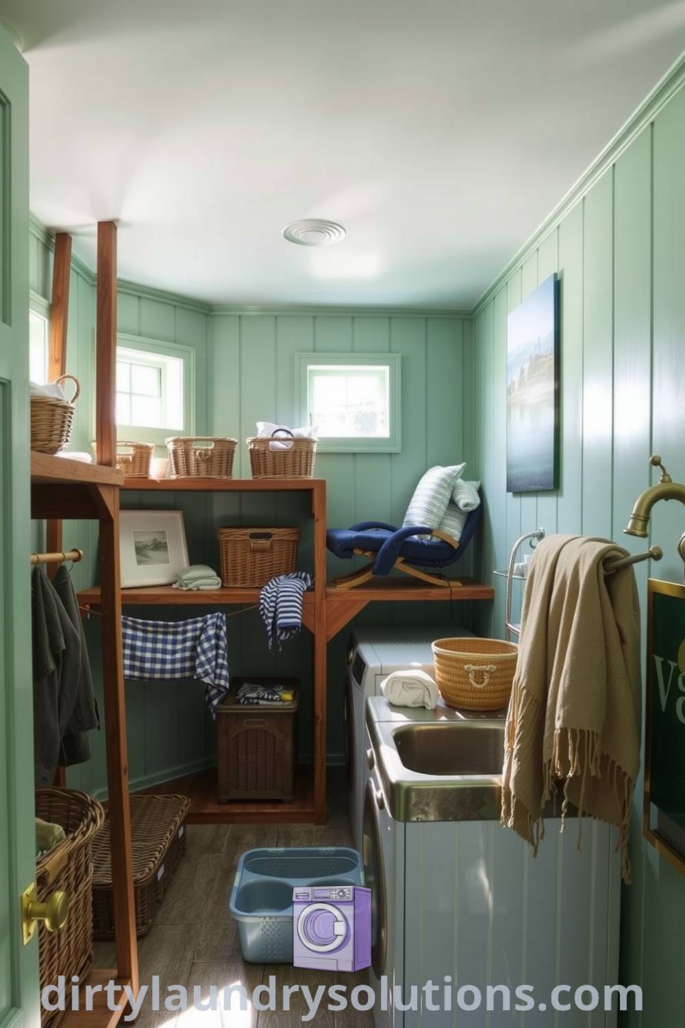 Cozy seaside laundry retreat featuring seafoam-green walls, rustic utility sink, weathered wooden shelves, and organized wicker baskets, creating an inviting atmosphere for busy homes. Discover more unique ideas for your home at dirtylaundrysolutions.com.