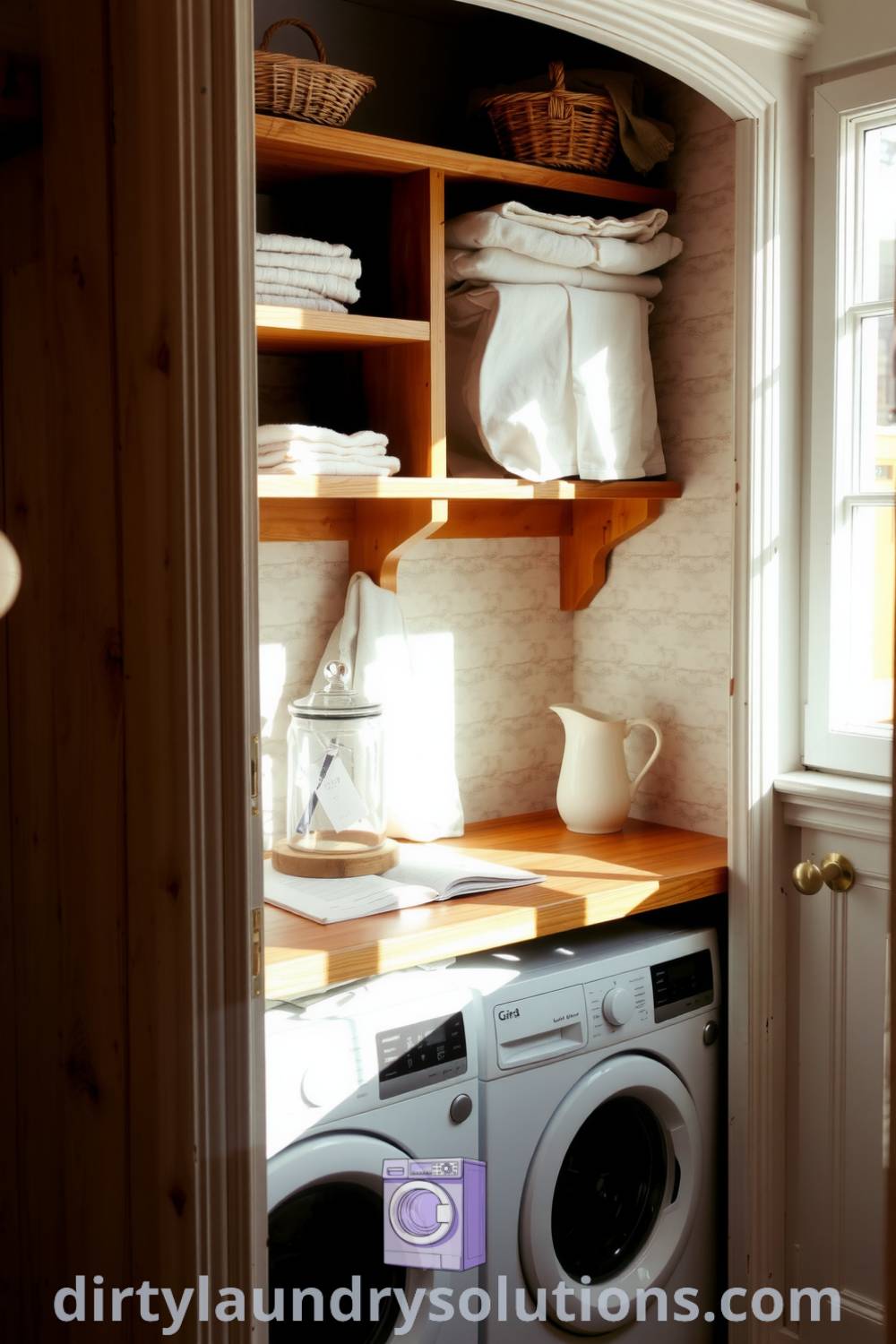 Cozy laundry room featuring rustic wood countertop, open shelving with linens, and natural light creating an inviting atmosphere. Explore inspiring ideas for your home at dirtylaundrysolutions.com.