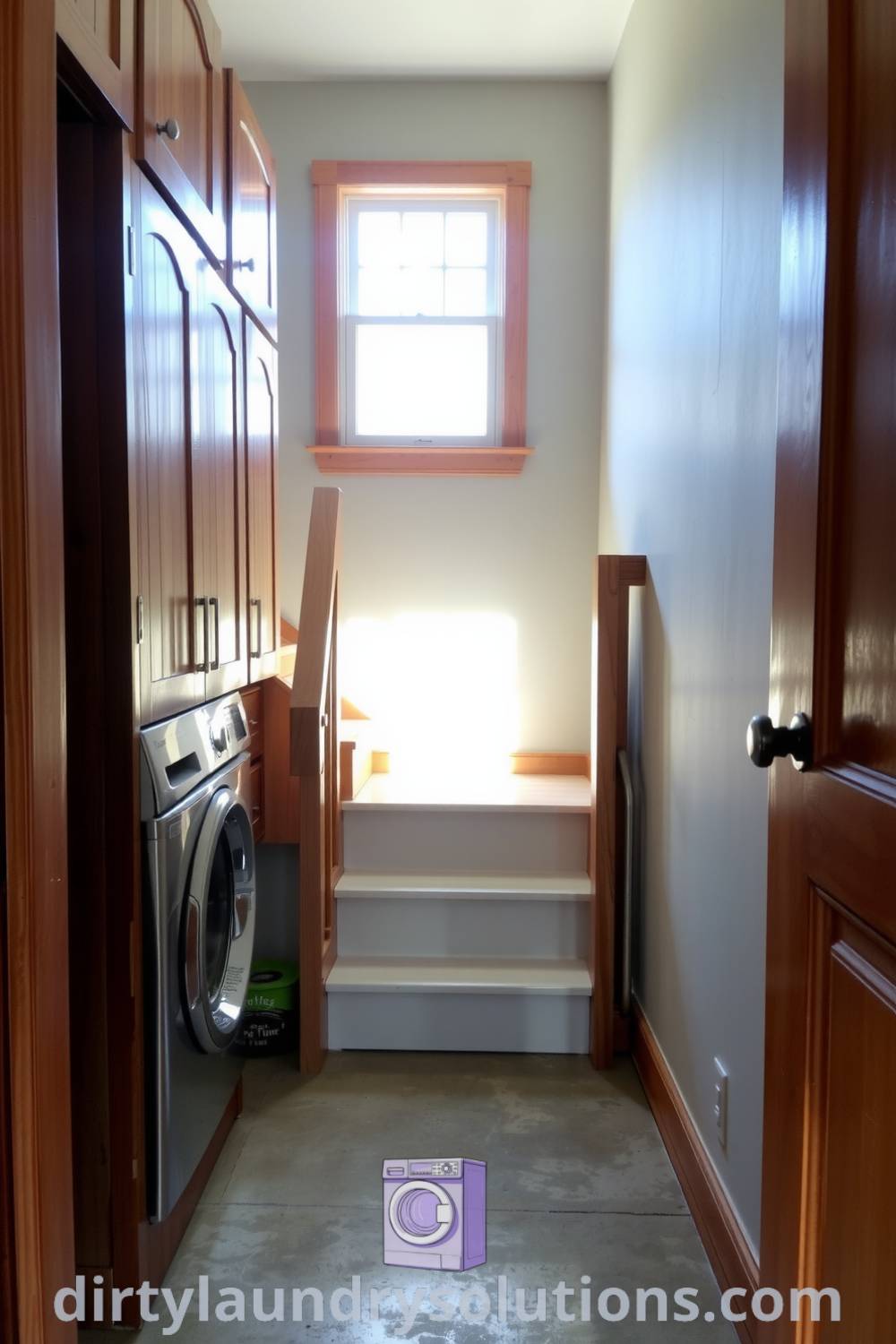 Cozy laundry room featuring aged wooden cabinetry, modern metal appliances, and warm afternoon light, showcasing functional decor ideas for small spaces. Discover inspiring ideas for your home at dirtylaundrysolutions.com.