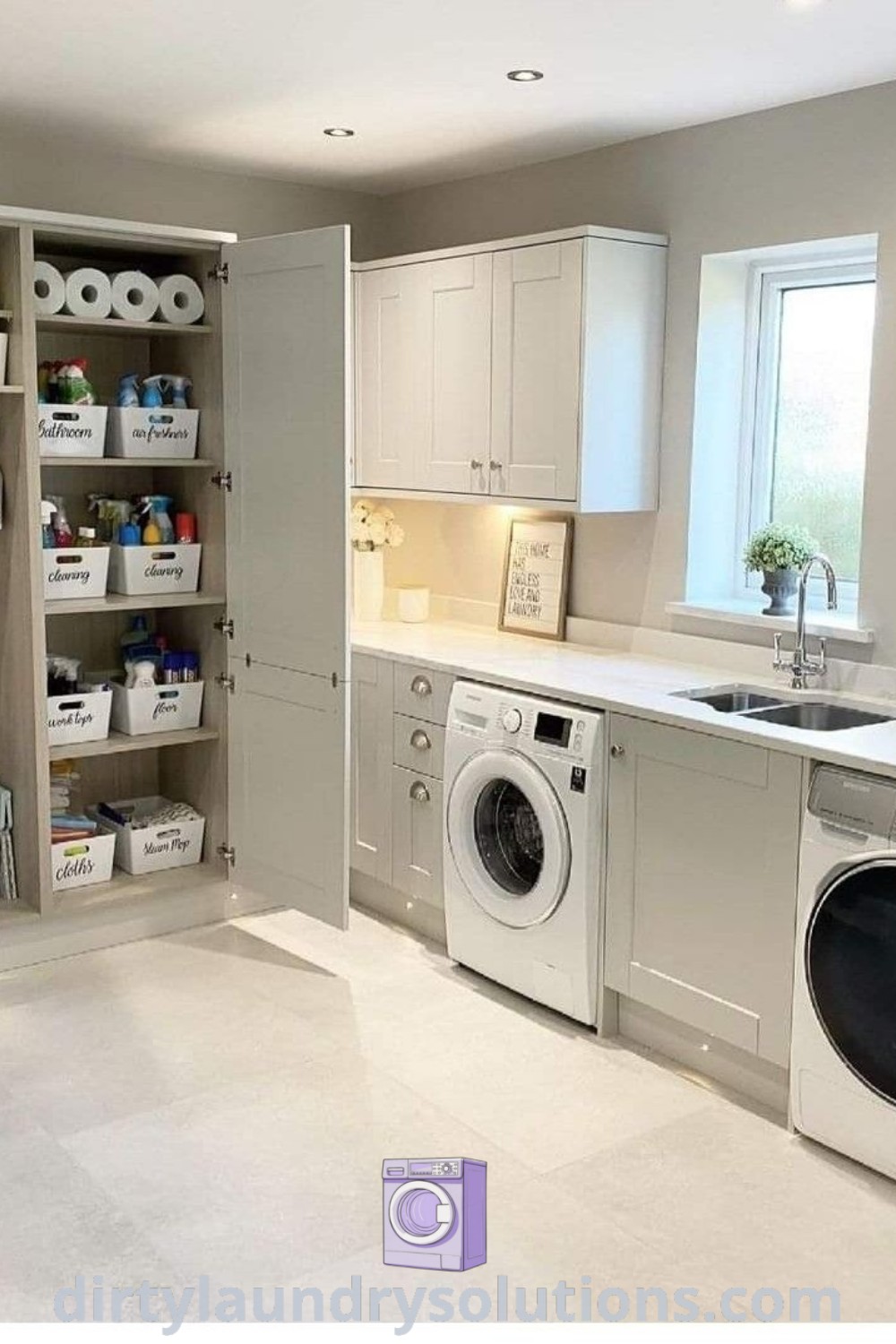 A clean utility room featuring elements such as large storage solutions, organized spaces, and design ideas that cater to both big and small requirements, perfect for maximizing utility room aesthetics and functionality. Discover more cozy ideas at dirtylaundrysolutions.com.