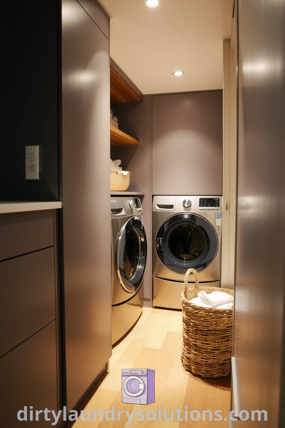 Modern laundry sanctuary featuring sleek cabinetry, metal appliances, and a woven basket on warm hardwood flooring, combining style and efficiency. Explore more inspiring ideas for small spaces at dirtylaundrysolutions.com.