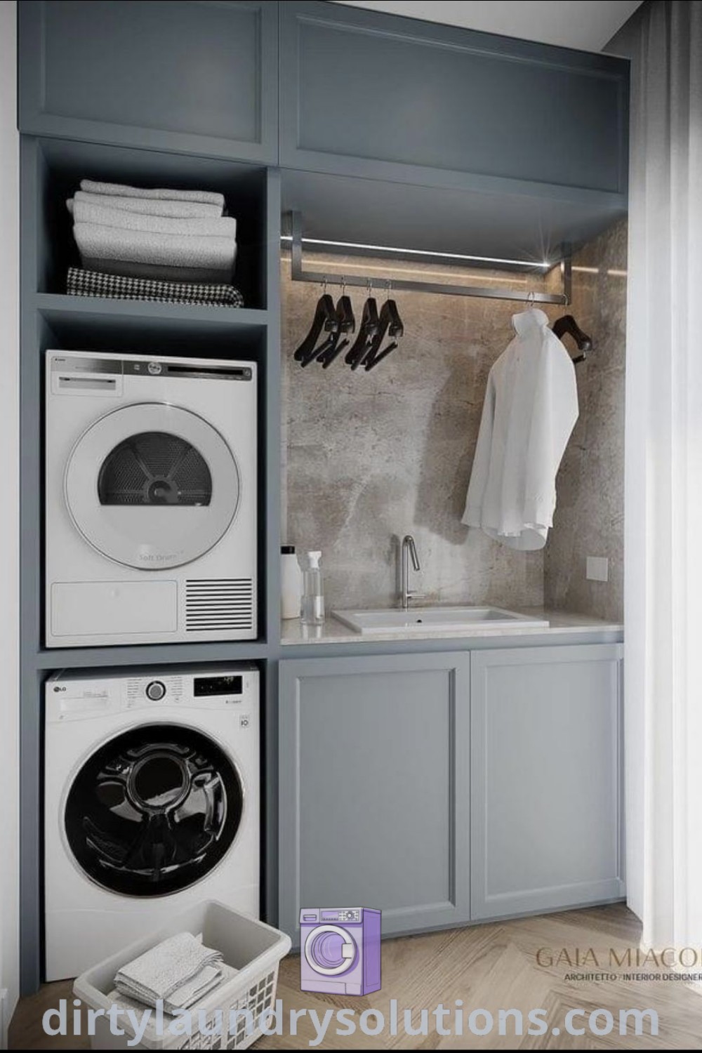 A small utility room featuring a stacked washer and dryer, demonstrating practical organization ideas and cozy design aesthetics. Explore unique inspirations and utility room concepts at dirtylaundrysolutions.com.