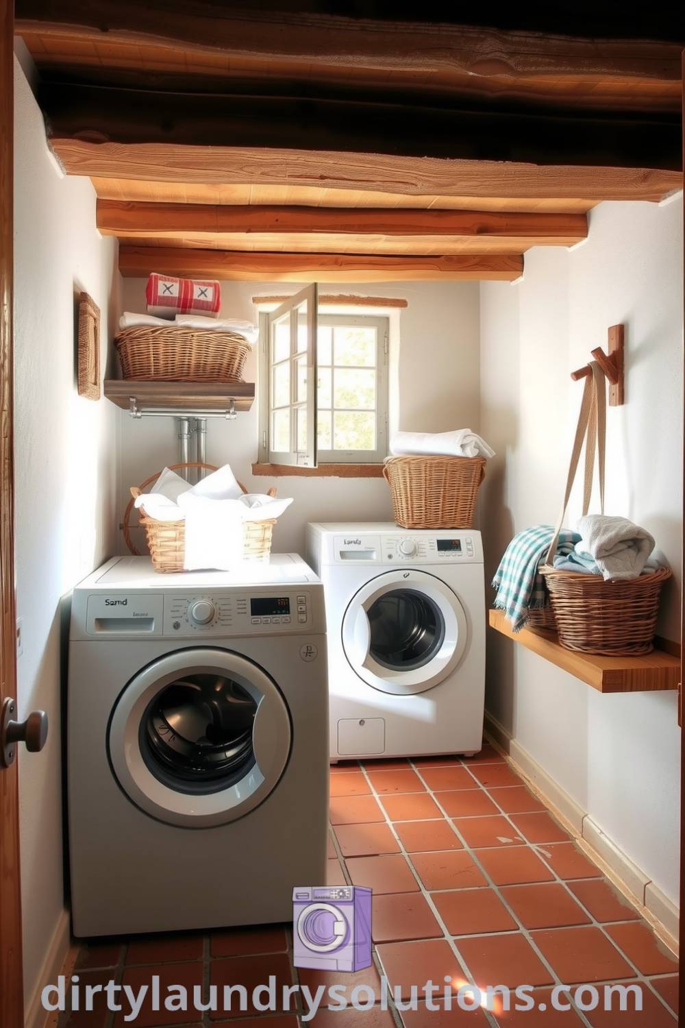 Cozy laundry nook featuring terracotta tile floors, exposed wooden beams, pale stucco walls, and woven baskets, creating an inviting and functional space. Explore inspiring design ideas for your home at dirtylaundrysolutions.com.