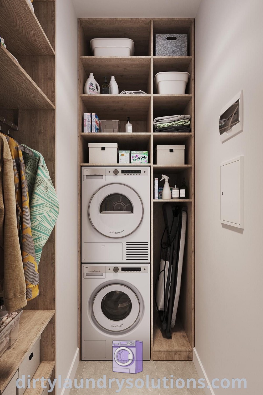 A cozy laundry closet featuring a washer and dryer neatly arranged on shelves, designed for efficient use of small spaces. Discover more unique laundry room solutions at dirtylaundrysolutions.com.