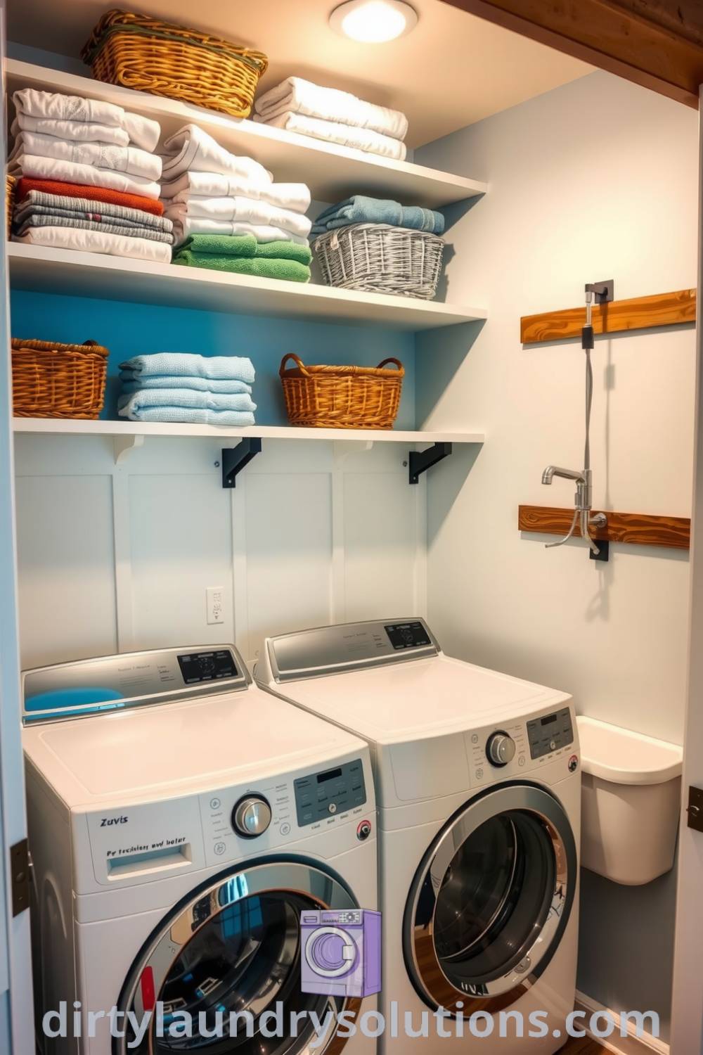 Cozy laundry corner with pastel colors, ambient lighting, neatly folded towels, an elegant pet wash shower, and charming decor, making the space both functional and inviting. Explore more cozy ideas for your home at dirtylaundrysolutions.com.