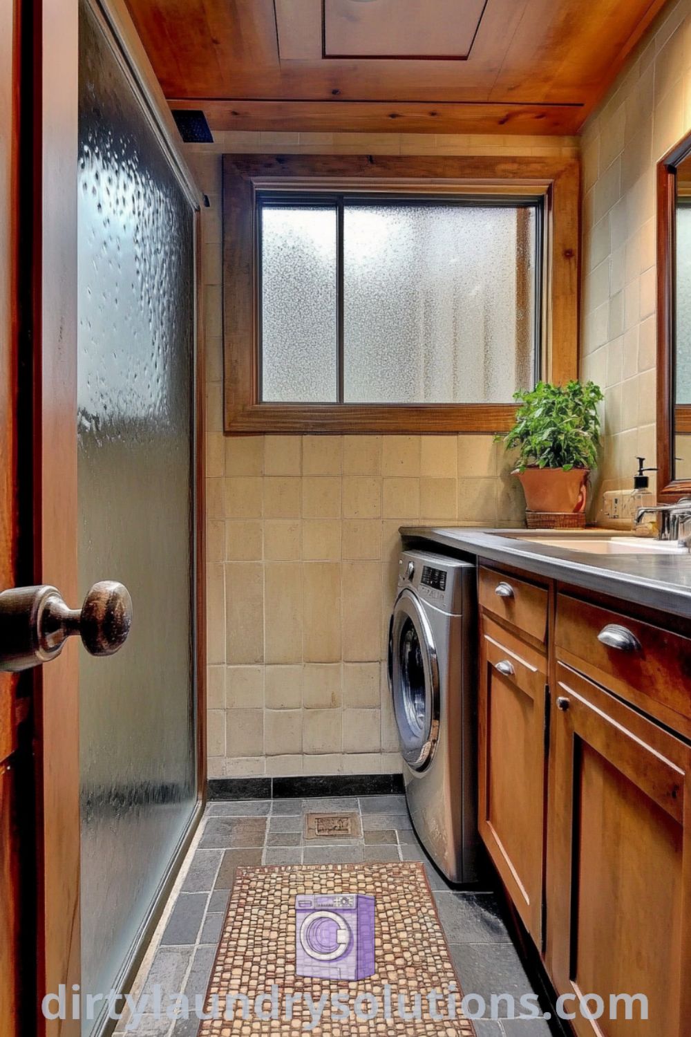 Washer and dryer room with a charming pet shower, warm wood cabinetry, natural light, and a fibrous rug, creating a cozy and functional space for both laundry and pet care. Explore inspiring ideas for your home at dirtylaundrysolutions.com.