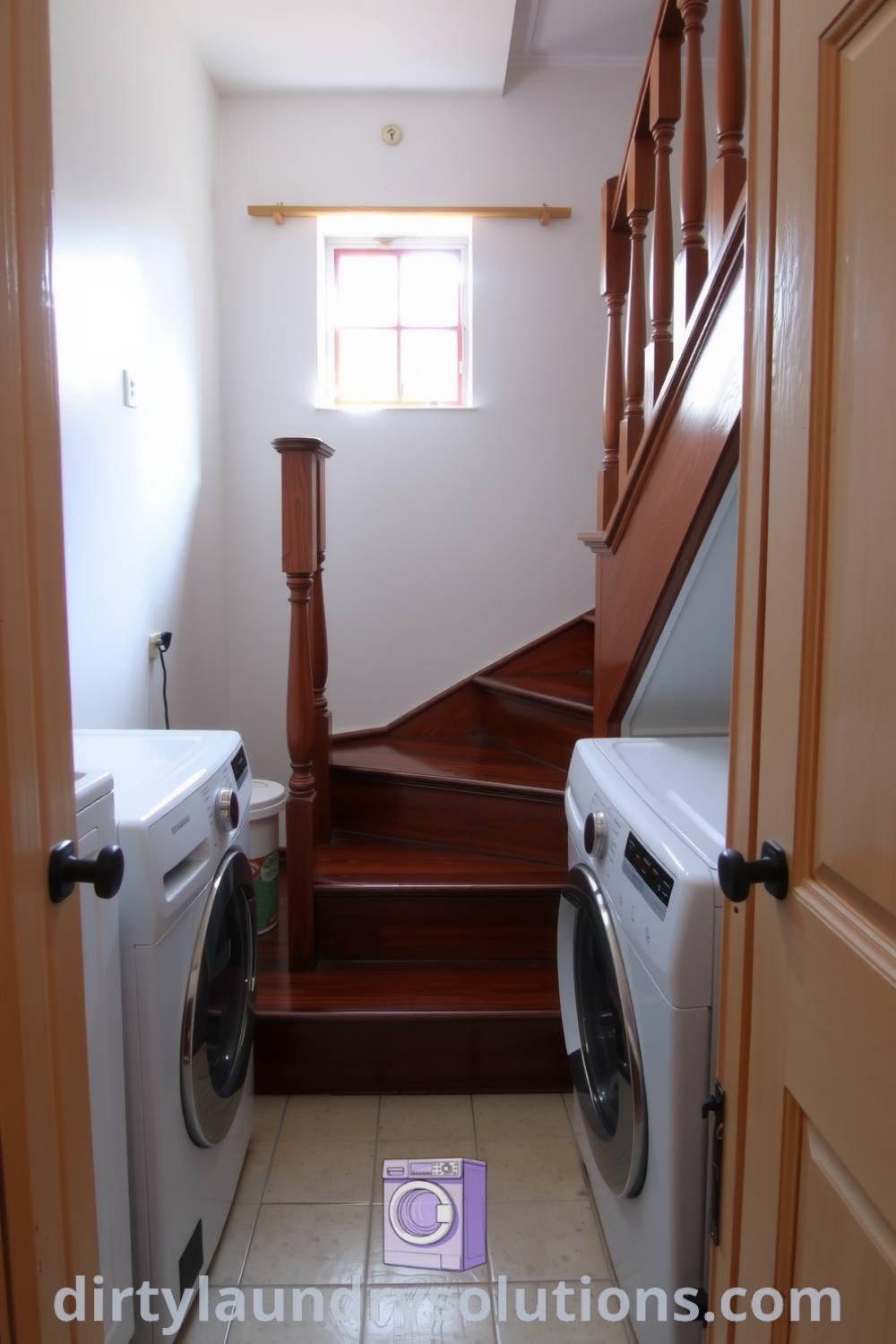 Cozy laundry room featuring a worn washer and dryer, polished wooden staircase, and soft lighting, creating an inviting atmosphere perfect for organization and comfort. Explore inspiring ideas for your home at dirtylaundrysolutions.com.