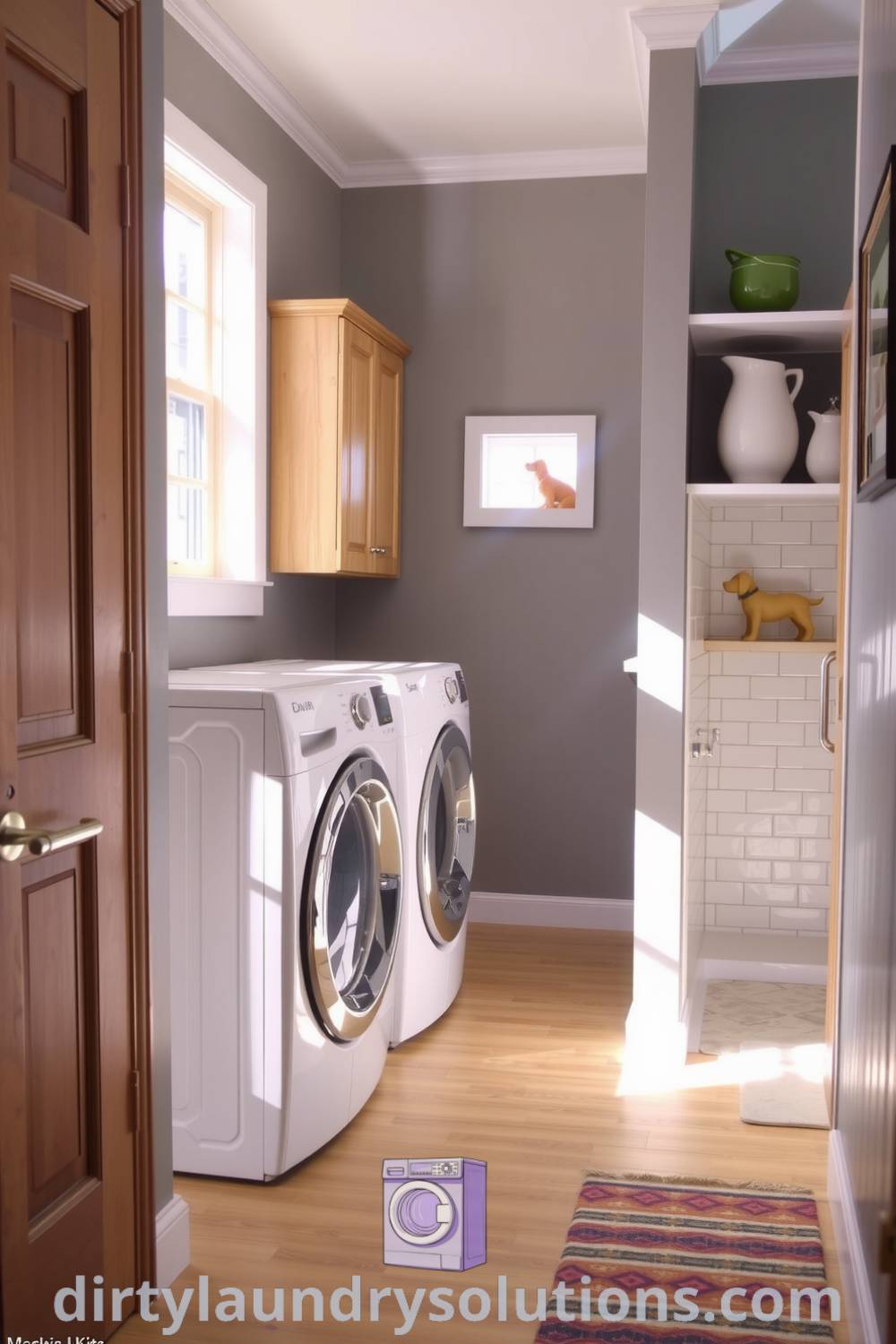 Charming laundry nook featuring modern appliances, distressed wood countertop, and a playful pet wash shower, all illuminated by sunlight, creating a cozy and inviting atmosphere. Discover more inspiring ideas for your home at dirtylaundrysolutions.com.