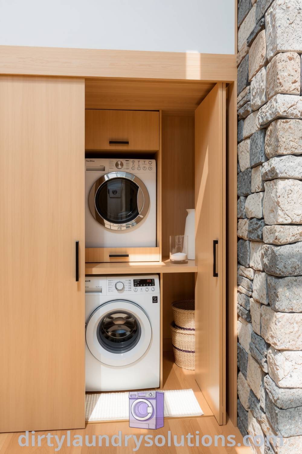 Cozy Japandi laundry nook with pale wood cabinetry, textured stone walls, modern appliances, and natural fiber baskets, creating a serene and stylish space for busy homes. Explore more inspiring design ideas at dirtylaundrysolutions.com.