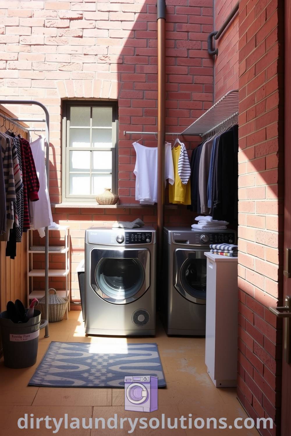 Utility courtyard laundry area with metal washers, weathered brick walls, sunlight casting shadows, hanging racks for drying clothes, and a countertop for folding, creating a cozy and practical space. Explore unique ideas for inspiring your home at dirtylaundrysolutions.com.