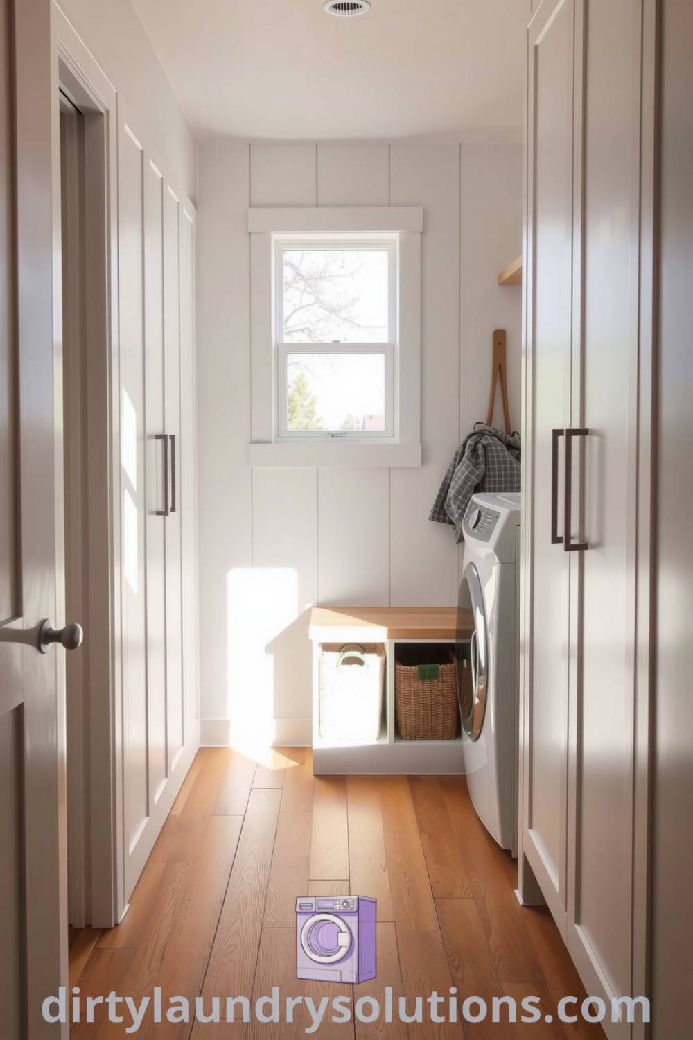 Minimalist mudroom laundry with white cabinetry, warm wooden floor, a clean-lined bench, and woven baskets for texture and organization. Discover unique ideas for your home at dirtylaundrysolutions.com.