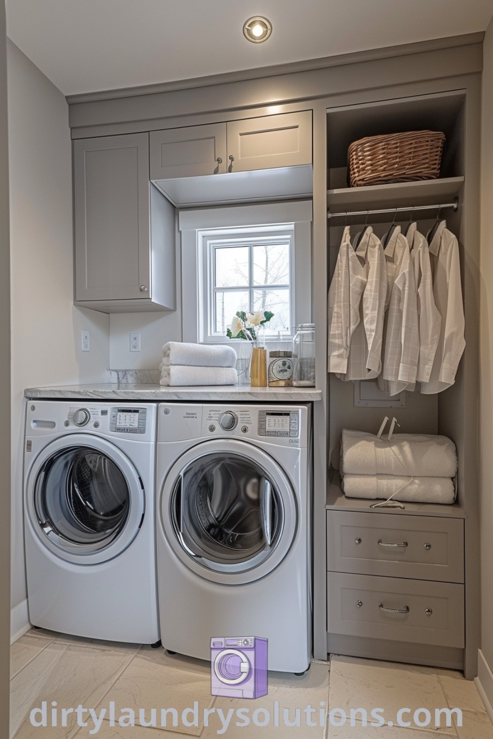 A small room featuring a washer and dryer, designed as a cozy laundry nook with natural light from a window above, showcasing unique ideas for a bedroom and laundry room combo. Discover more inspiring solutions at dirtylaundrysolutions.com.