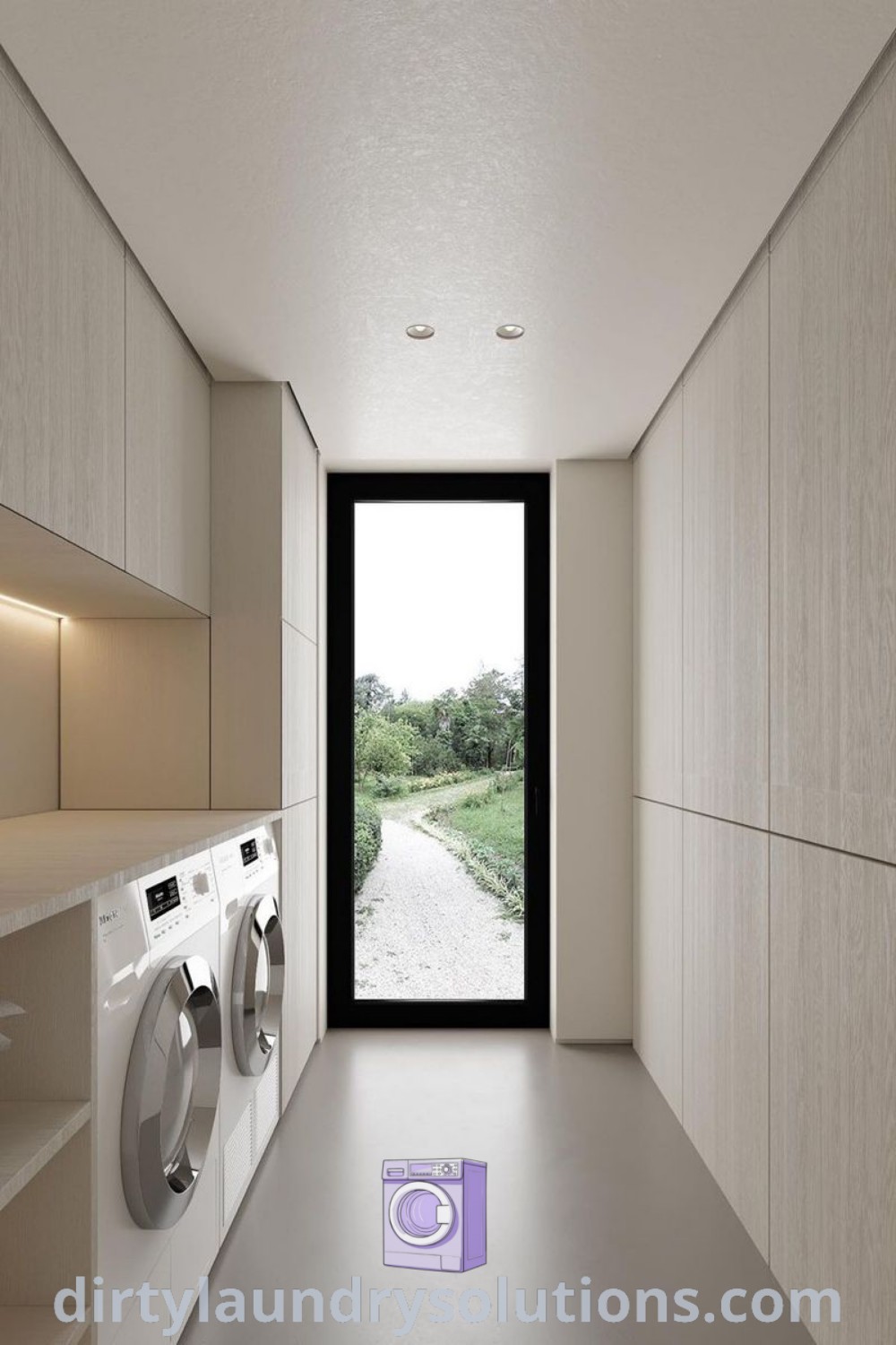 An empty laundry room with a washer and dryer in the hallway, showcasing stylish organization ideas and inspirations for a modern, functional space. For more cozy home solutions, visit dirtylaundrysolutions.com.