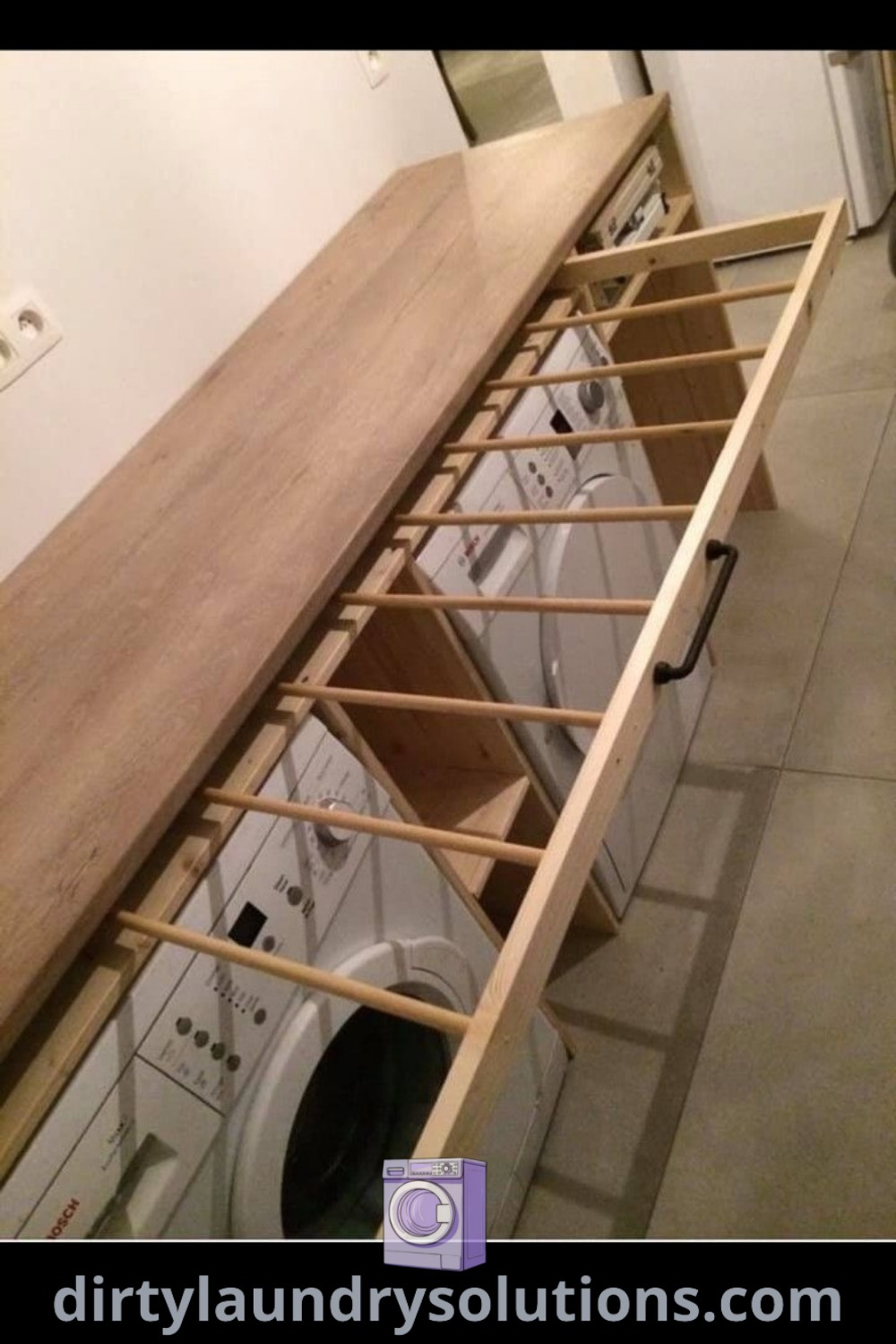 A cozy laundry room featuring a washer and dryer next to each other, enhanced by dark brown cabinets and organized for efficient use of space. Discover more inspiring laundry room design ideas at dirtylaundrysolutions.com.