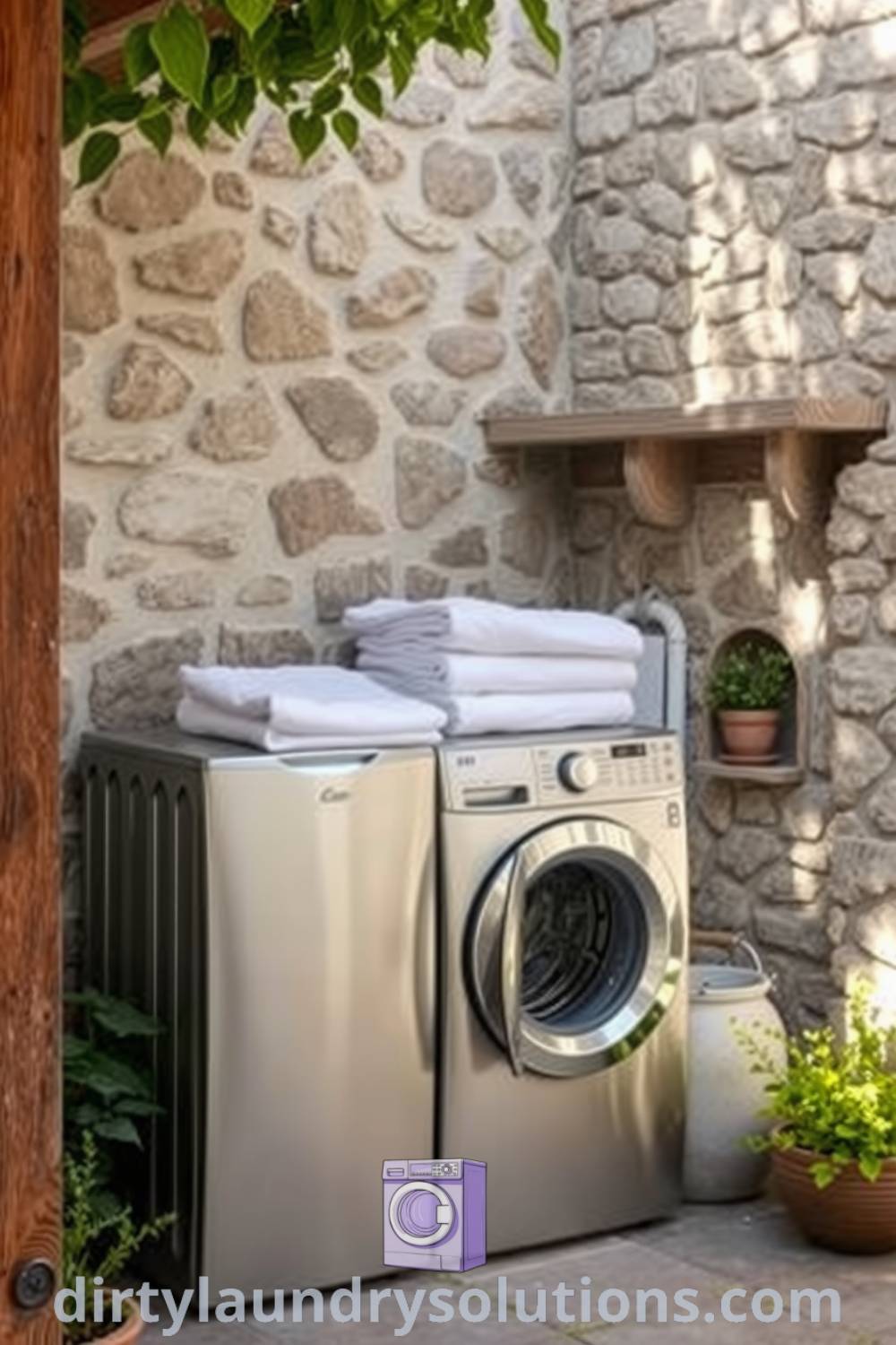 Cozy courtyard laundry with side-by-side washer and dryer against stone walls, weathered countertop holding folded linens, and potted plants, creating a practical yet inviting space. Discover unique ideas and solutions to freshen up your space at dirtylaundrysolutions.com.