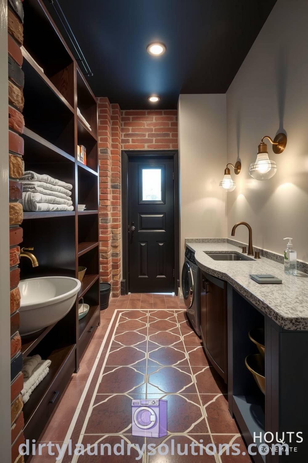 Art Deco basement laundry featuring geometric patterns on polished concrete, brass fixtures, wood shelving, and a metal laundry tub, creating a unique and functional space. Explore inspiring ideas for your home at dirtylaundrysolutions.com.