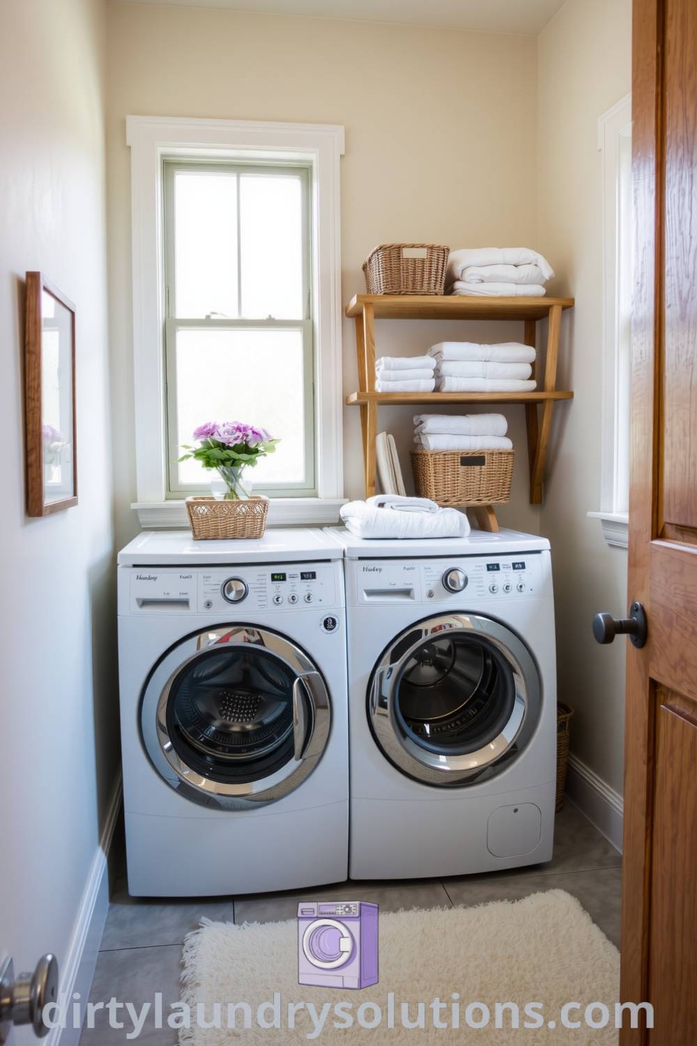 Cozy bathroom laundry featuring soft natural light, rustic shelving with towels, plush rug, and smooth tiles creating a serene atmosphere for organizing chores. Explore more inspiring ideas for your home at dirtylaundrysolutions.com.